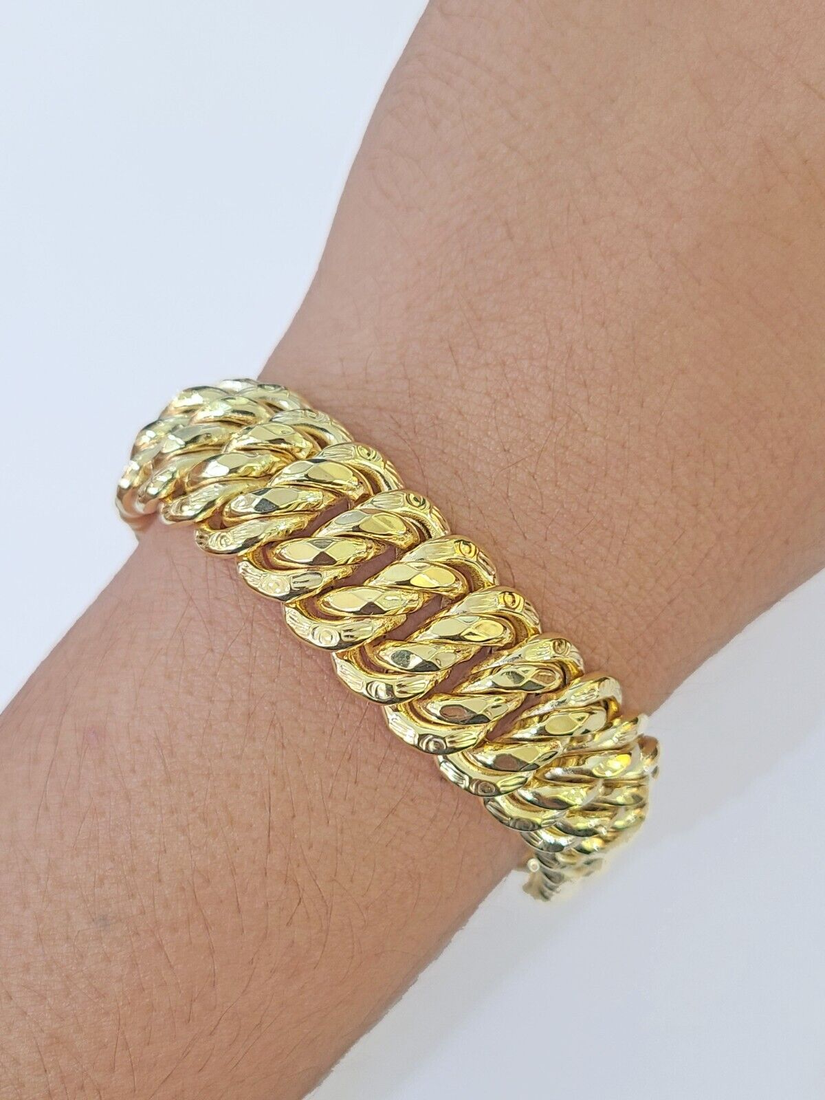 14K Yellow Gold Flat Byzantine Link Bracelet 16mm 7.5" inch Real Genuine - GoldenlinQ
