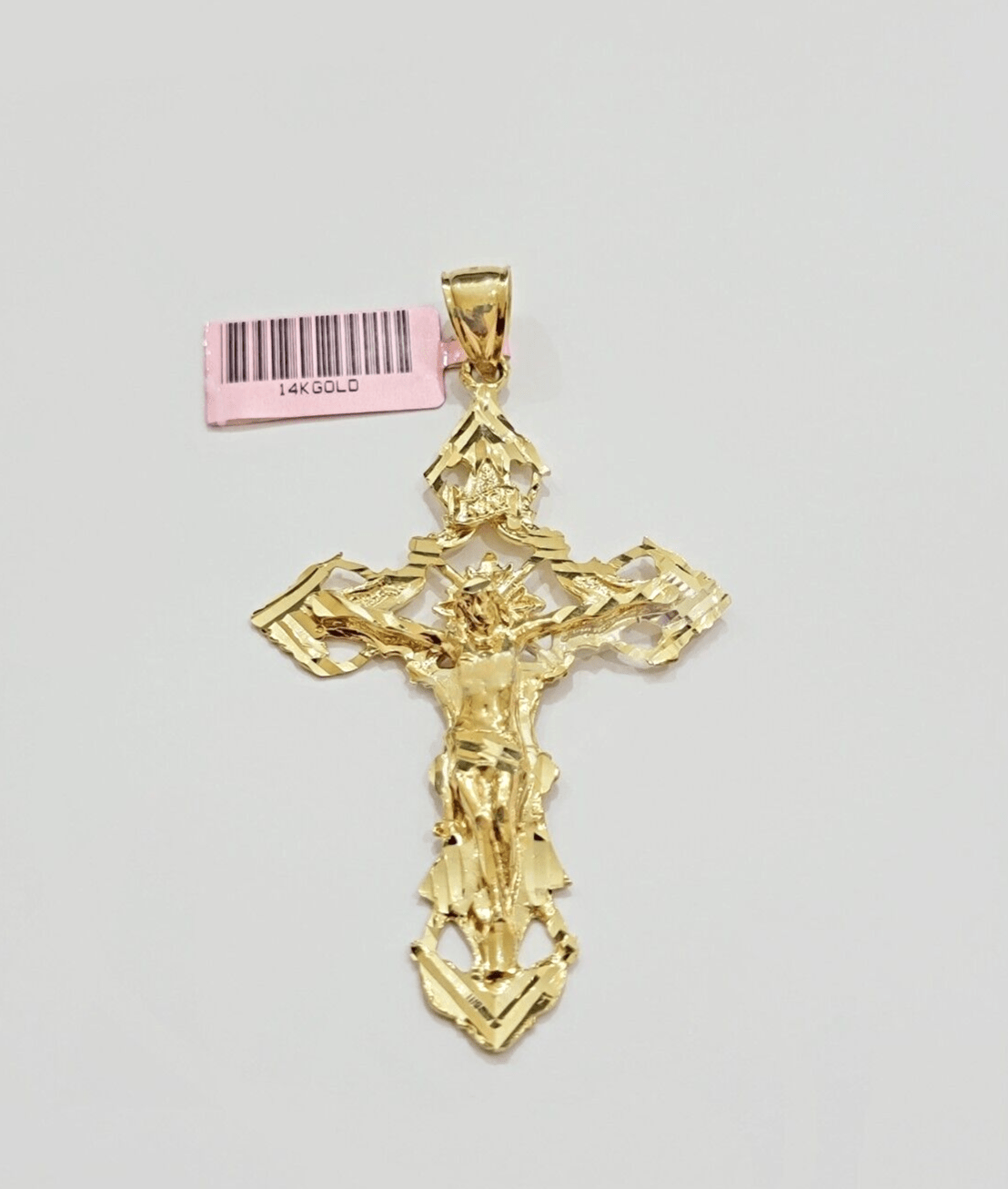 14k Yellow Gold Jesus Cross Charm Pendant 3 Inches Crucifix Chain Necklace SALE - GoldenlinQ