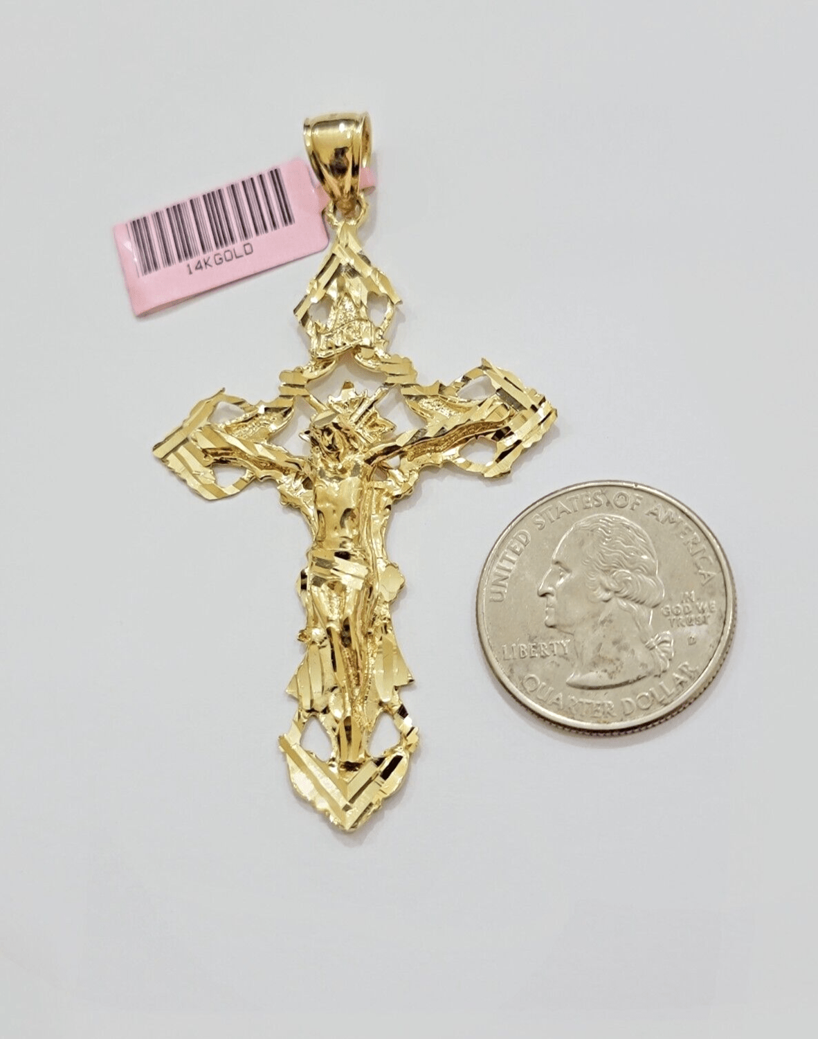 14k Yellow Gold Jesus Cross Charm Pendant 3 Inches Crucifix Chain Necklace SALE - GoldenlinQ