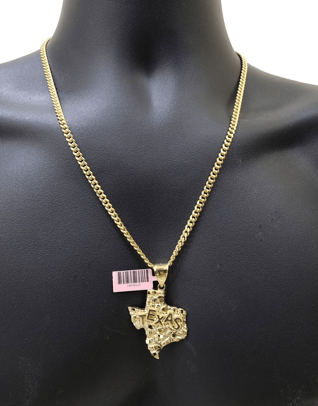 14k Yellow Gold Miami Cuban Chain 20 Inch Necklace Texas Map Charm Pendant Real - GoldenlinQ