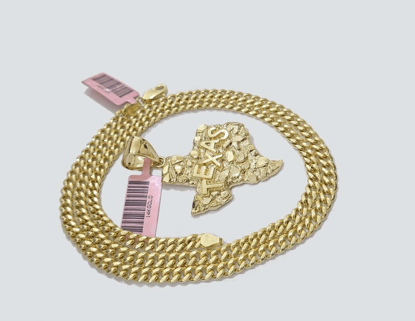 14k Yellow Gold Miami Cuban Chain 20 Inch Necklace Texas Map Charm Pendant Real - GoldenlinQ
