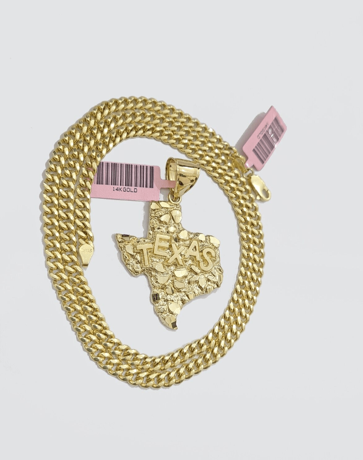 14k Yellow Gold Miami Cuban Chain 24 Inch Necklace Texas Map Charm Pendant Real - GoldenlinQ