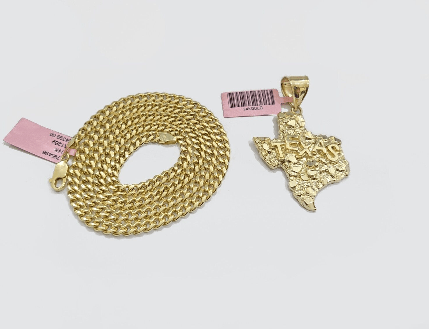 14k Yellow Gold Miami Cuban Chain 24 Inch Necklace Texas Map Charm Pendant Real - GoldenlinQ