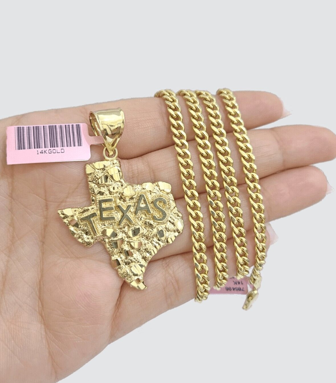 14k Yellow Gold Miami Cuban Chain 26 Inch Necklace Texas Map Charm Pendant Real - GoldenlinQ