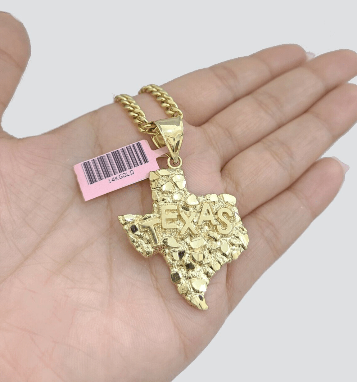 14k Yellow Gold Miami Cuban Chain 26 Inch Necklace Texas Map Charm Pendant Real - GoldenlinQ
