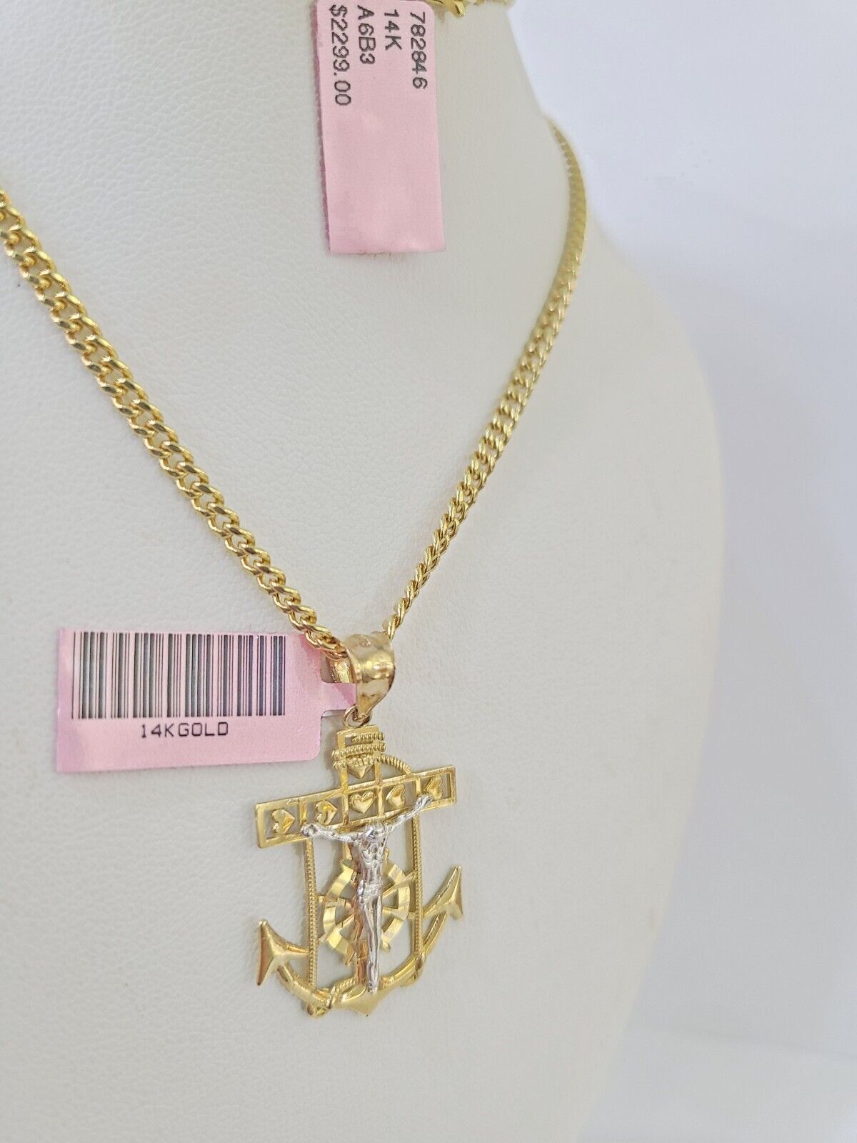 14k Yellow Gold Miami Cuban Chain Jesus Anchor Charm Set 3mm 18" - 26" Necklace - GoldenlinQ