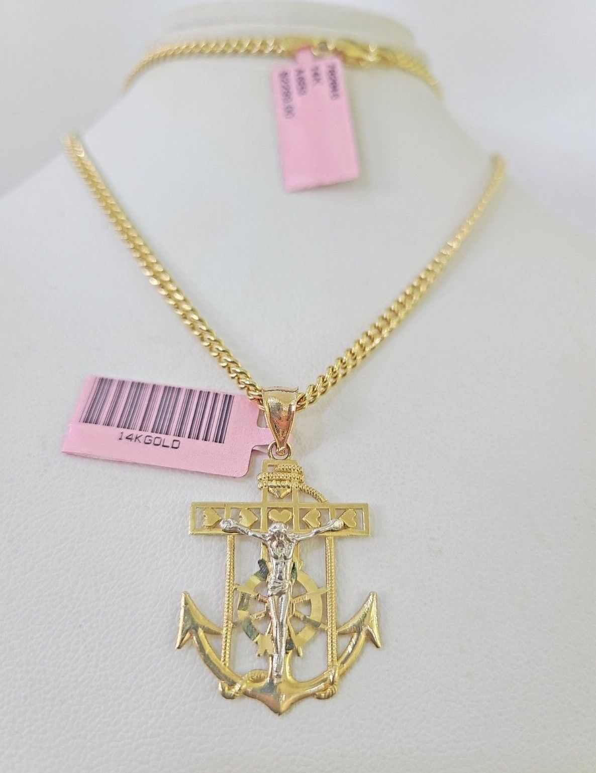 14k Yellow Gold Miami Cuban Chain Jesus Anchor Charm Set 3mm 18" - 26" Necklace - GoldenlinQ
