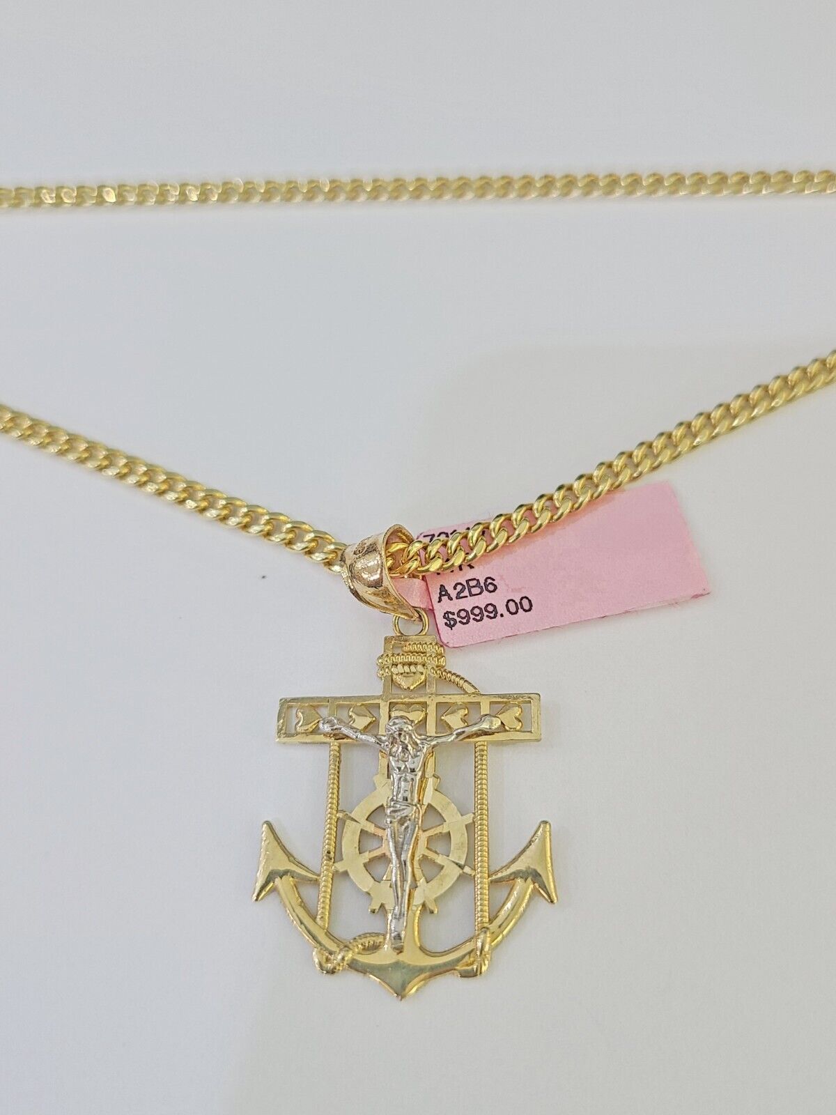 14k Yellow Gold Miami Cuban Chain Jesus Anchor Charm Set 3mm 18" - 26" Necklace - GoldenlinQ