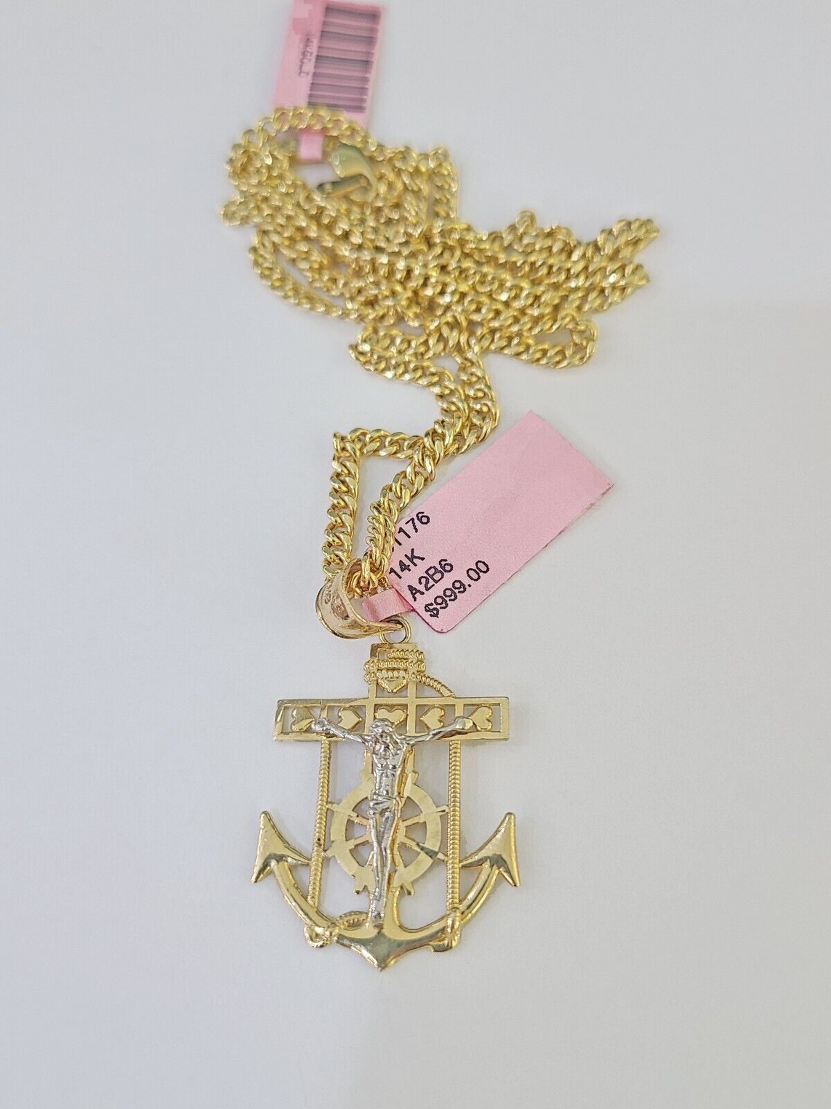 14k Yellow Gold Miami Cuban Chain Jesus Anchor Charm Set 3mm 18" - 26" Necklace - GoldenlinQ