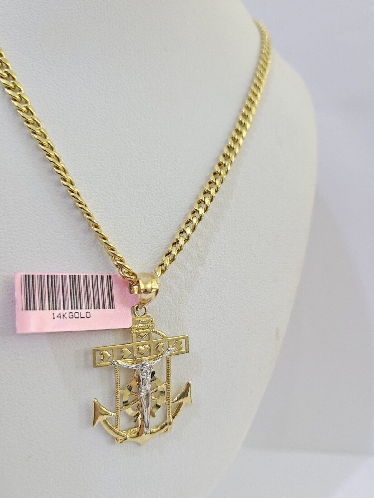 14k Yellow Gold Miami Cuban Chain Jesus Anchor Charm Set 4mm 18"-26" Necklace