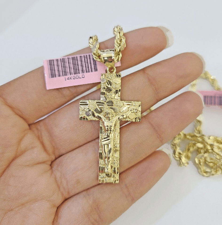 14k Yellow Gold Nugget Cross Pendant Charm REAL 14k - GoldenlinQ