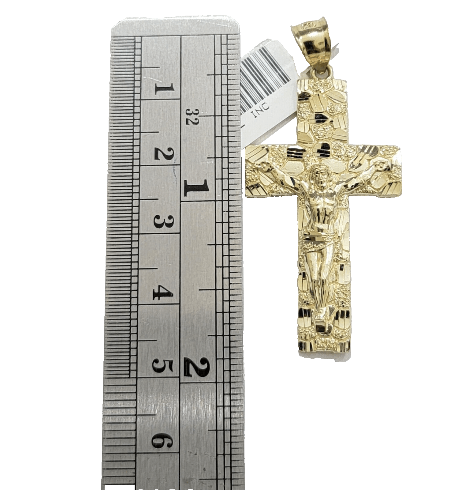 14k Yellow Gold Nugget Jesus Cross Charm Pendant 2'' inches Real 14kt SALE Chain - GoldenlinQ