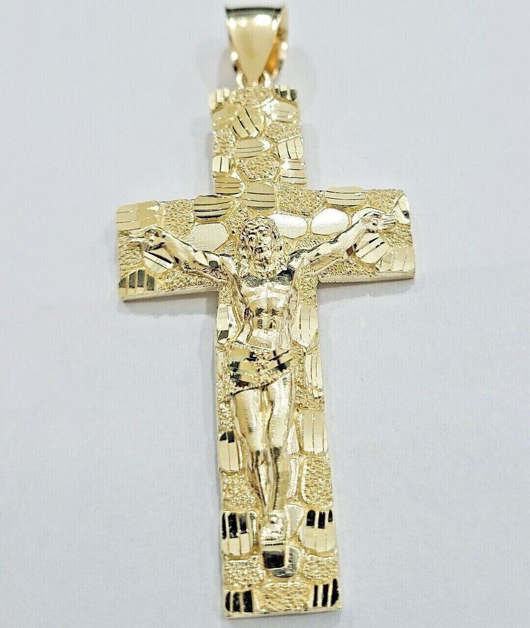14k Yellow Gold Nugget Jesus Cross Charm Pendant 2'' inches Real 14kt SALE Chain - GoldenlinQ