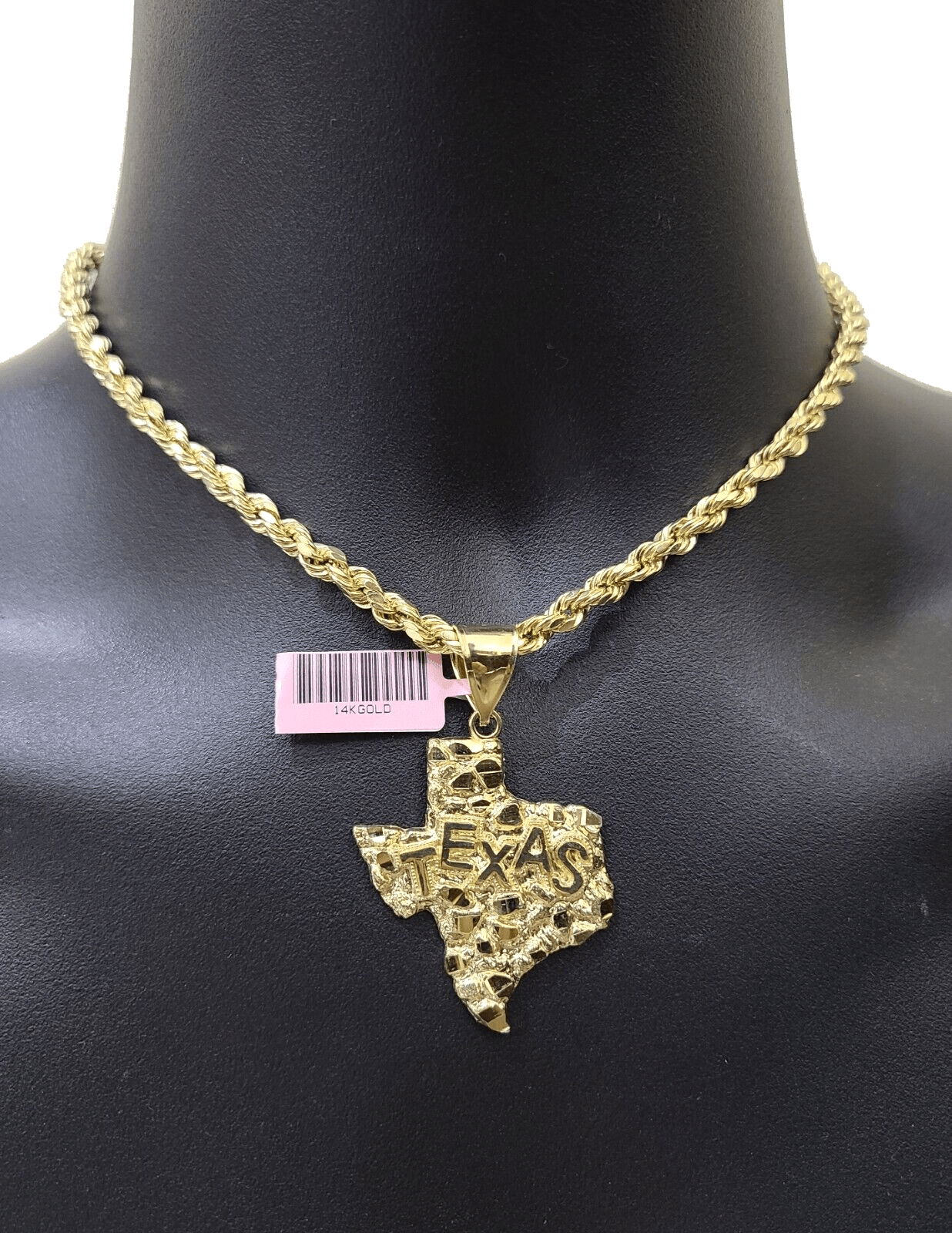 14k Yellow Gold Rope Chain 20'' Inch Necklace Texas Map Charm Pendant Real 14kt - GoldenlinQ