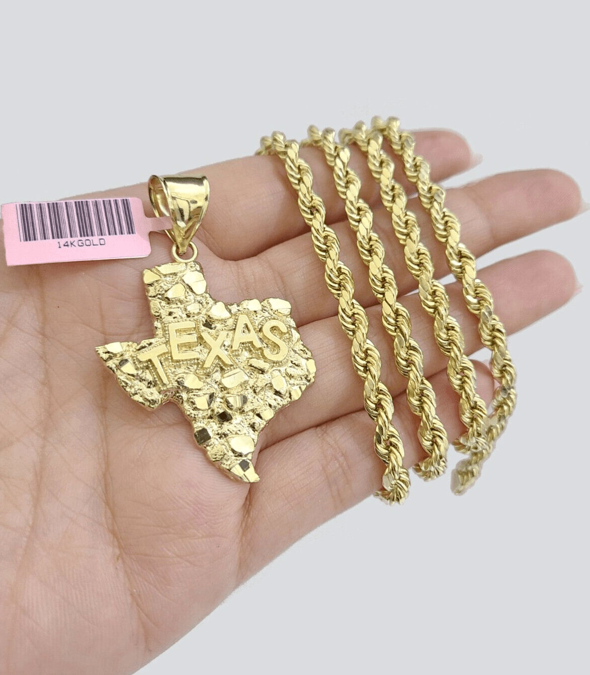 14k Yellow Gold Rope Chain 20'' Inch Necklace Texas Map Charm Pendant Real 14kt - GoldenlinQ