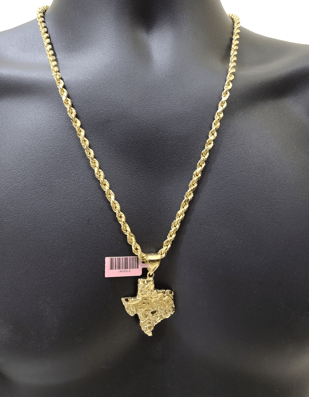 14k Yellow Gold Rope Chain 24'' Inch Necklace Texas Map Charm Pendant Real 14kt - GoldenlinQ