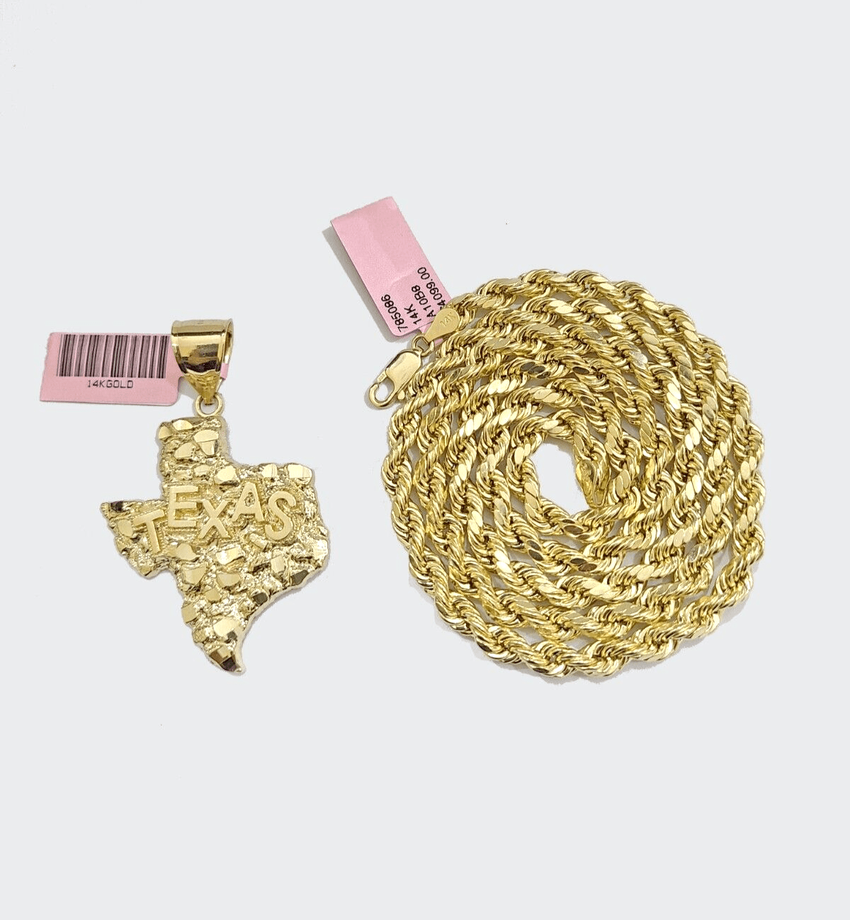 14k Yellow Gold Rope Chain 24'' Inch Necklace Texas Map Charm Pendant Real 14kt - GoldenlinQ