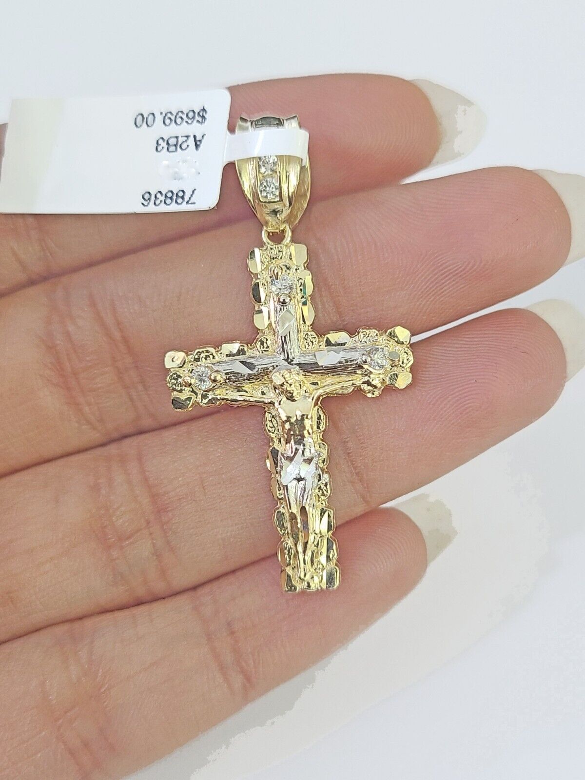 14k Yellow Gold Rope Chain 2.5mm 24Inches & Jesus Nugget Cross Charm SET