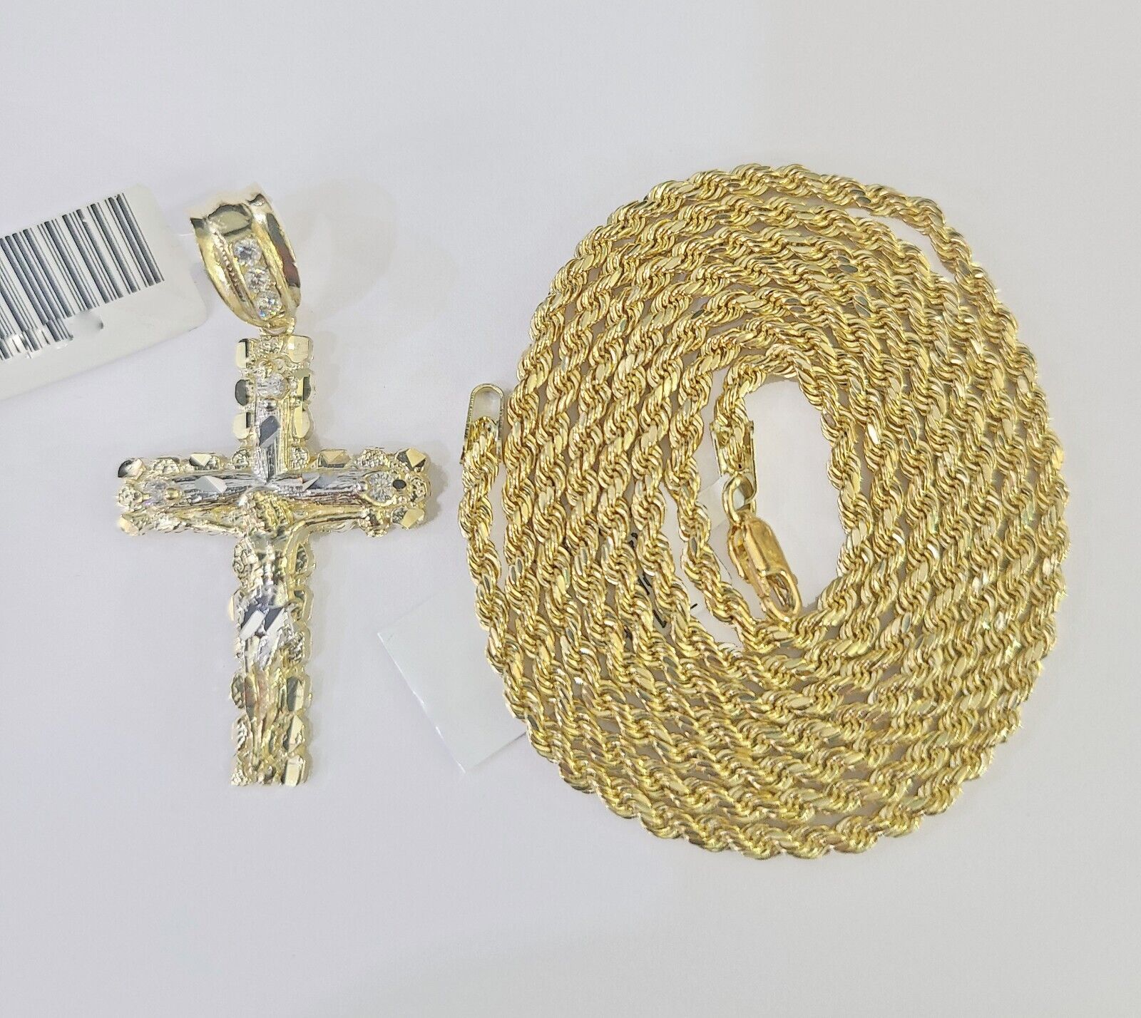 14k Yellow Gold Rope Chain 2.5mm 24Inches & Jesus Nugget Cross Charm SET