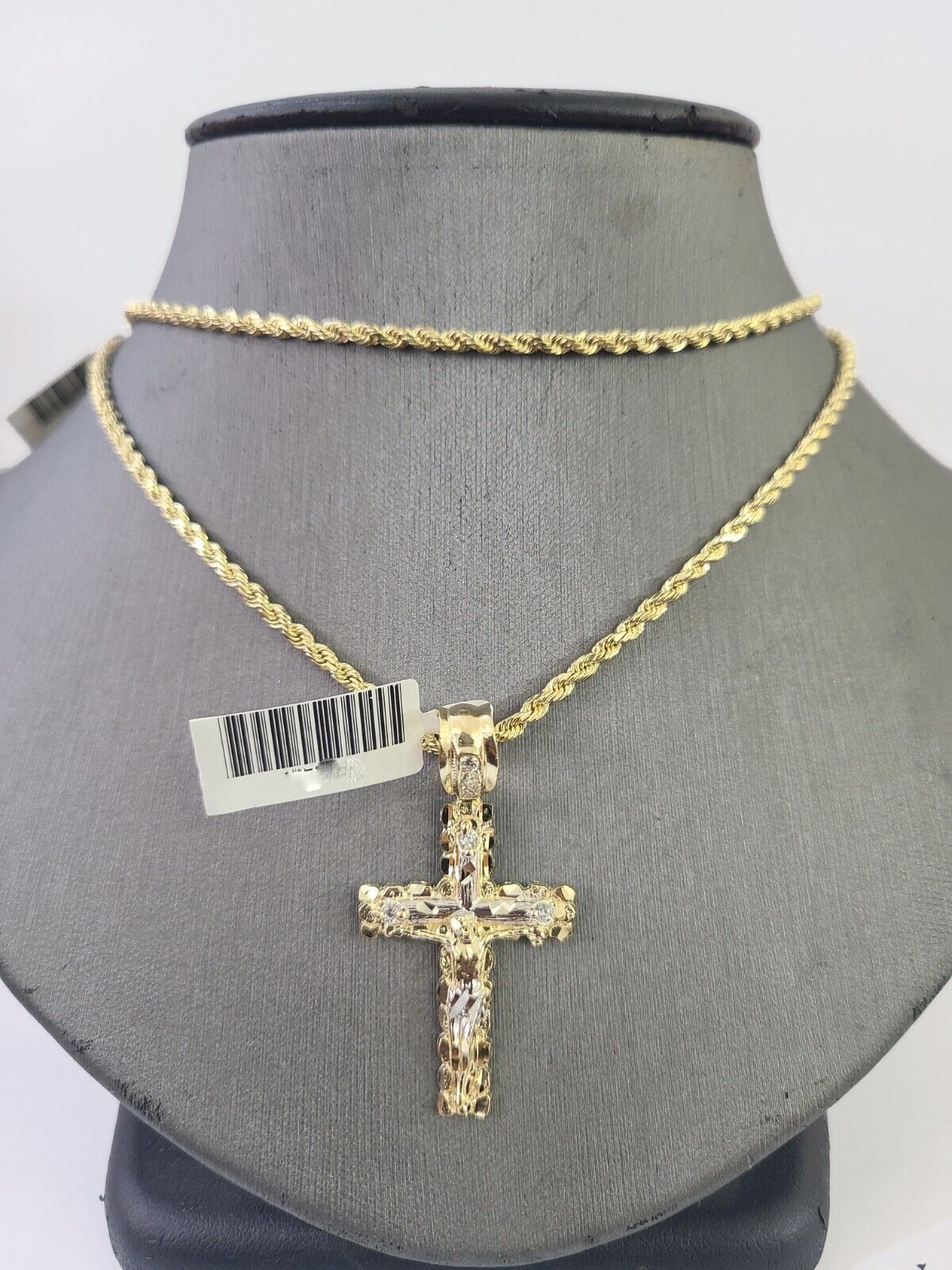 14k Yellow Gold Rope Chain 2.5mm 24Inches & Jesus Nugget Cross Charm SET