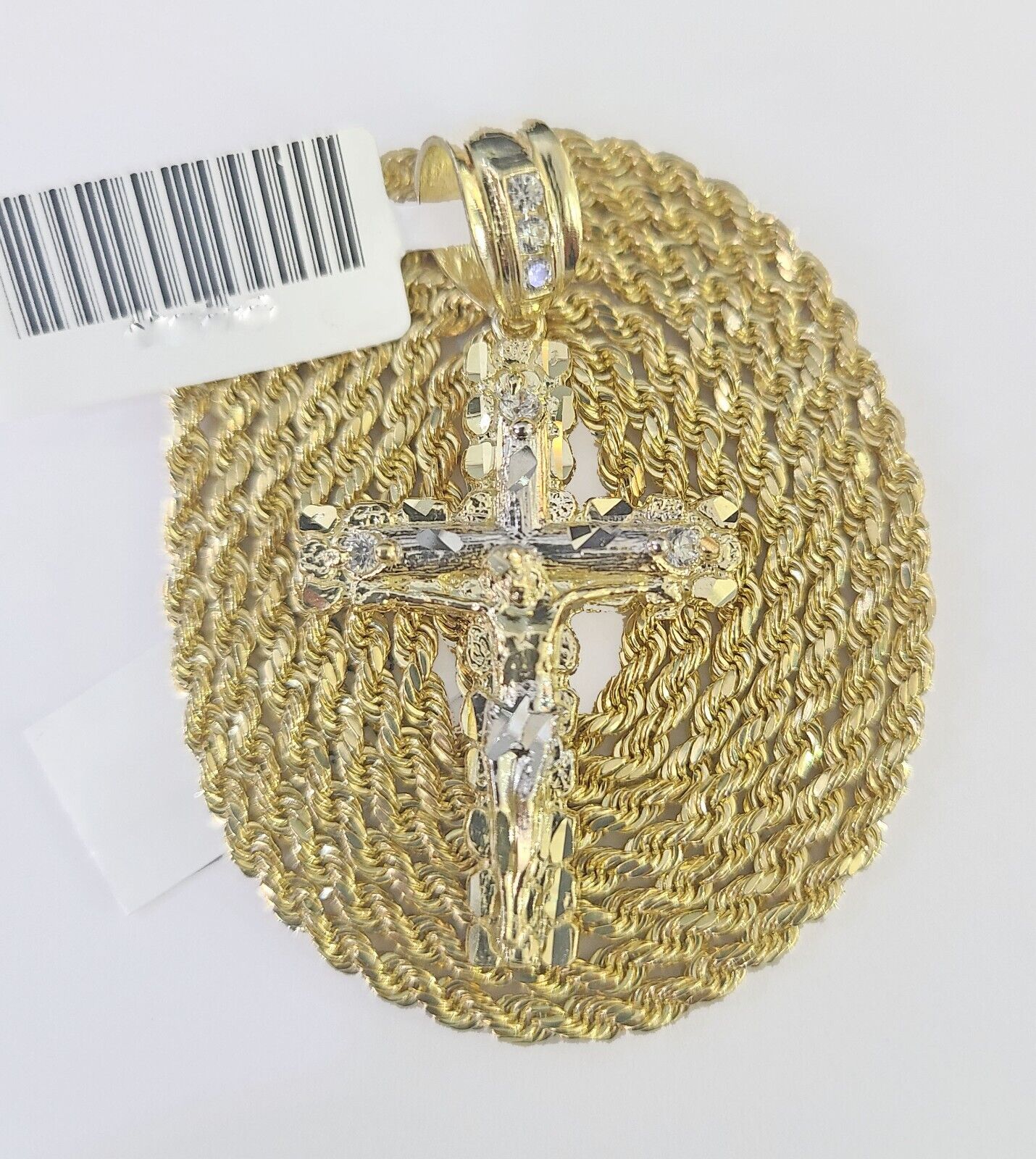 14k Yellow Gold Rope Chain 2.5mm 24Inches & Jesus Nugget Cross Charm SET