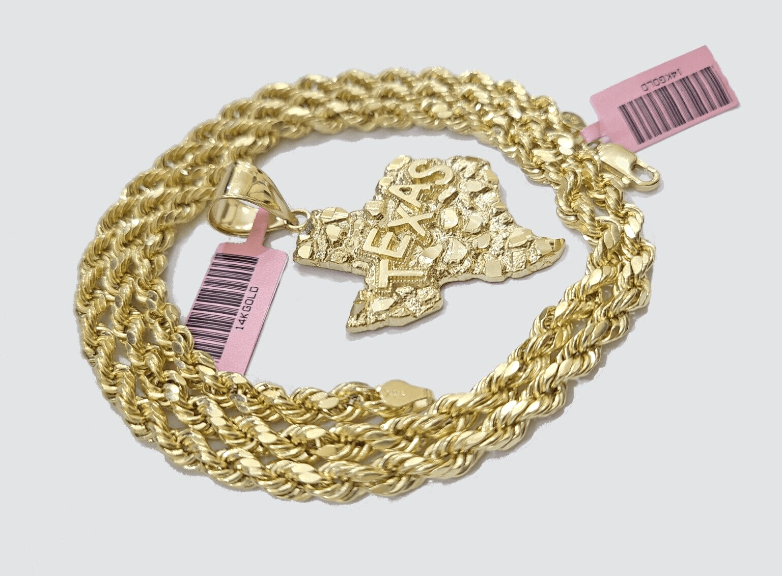 14k Yellow Gold Rope Chain 30'' Inch Necklace Texas Map Charm Pendant Real 14kt - GoldenlinQ