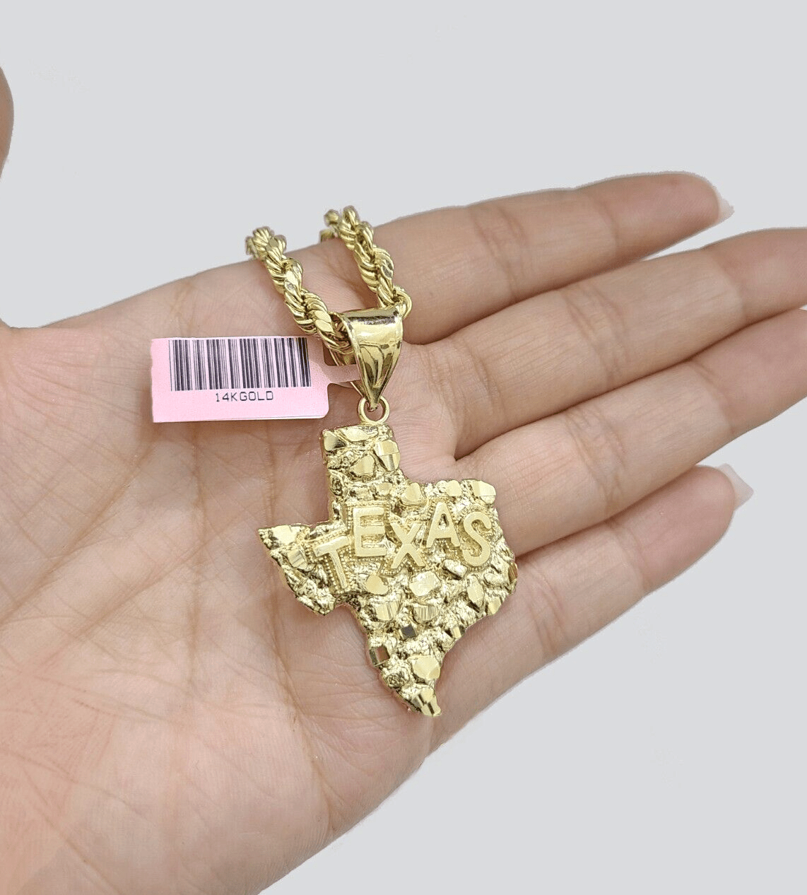 14k Yellow Gold Rope Chain 30'' Inch Necklace Texas Map Charm Pendant Real 14kt - GoldenlinQ