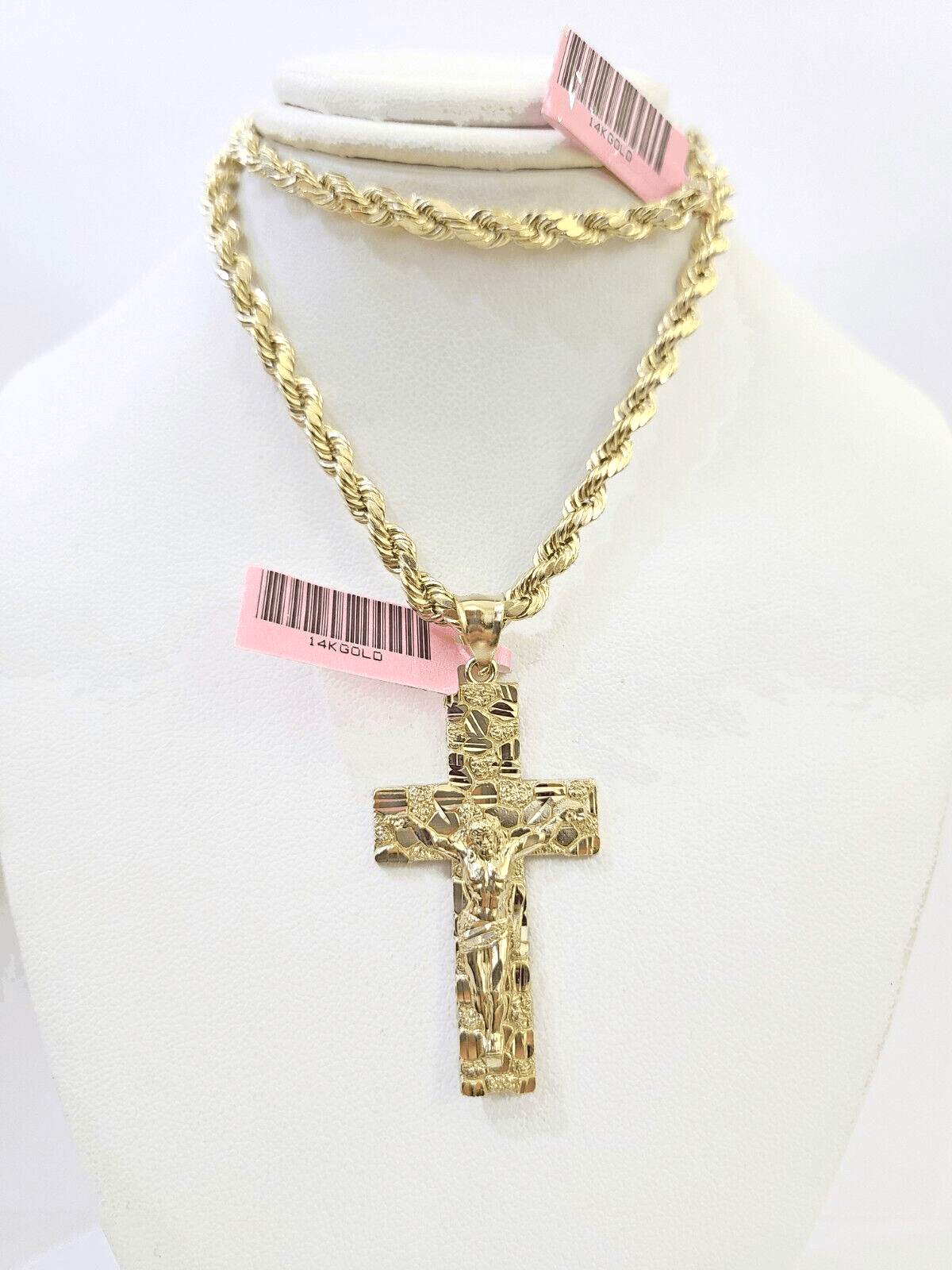 14k Yellow Gold Rope Chain Cross Pendant Charm SET 4mm 22 Inch Necklace REAL