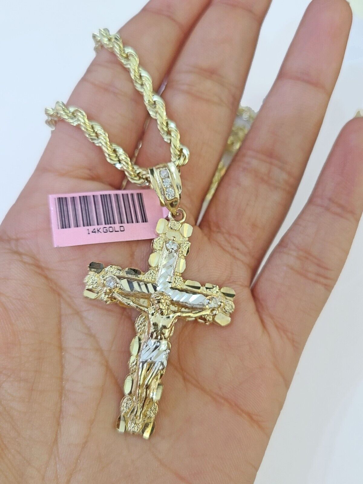 14k Yellow Gold Rope Chain & Jesus Nugget Cross Charm SET 4mm 22 Inches Necklace