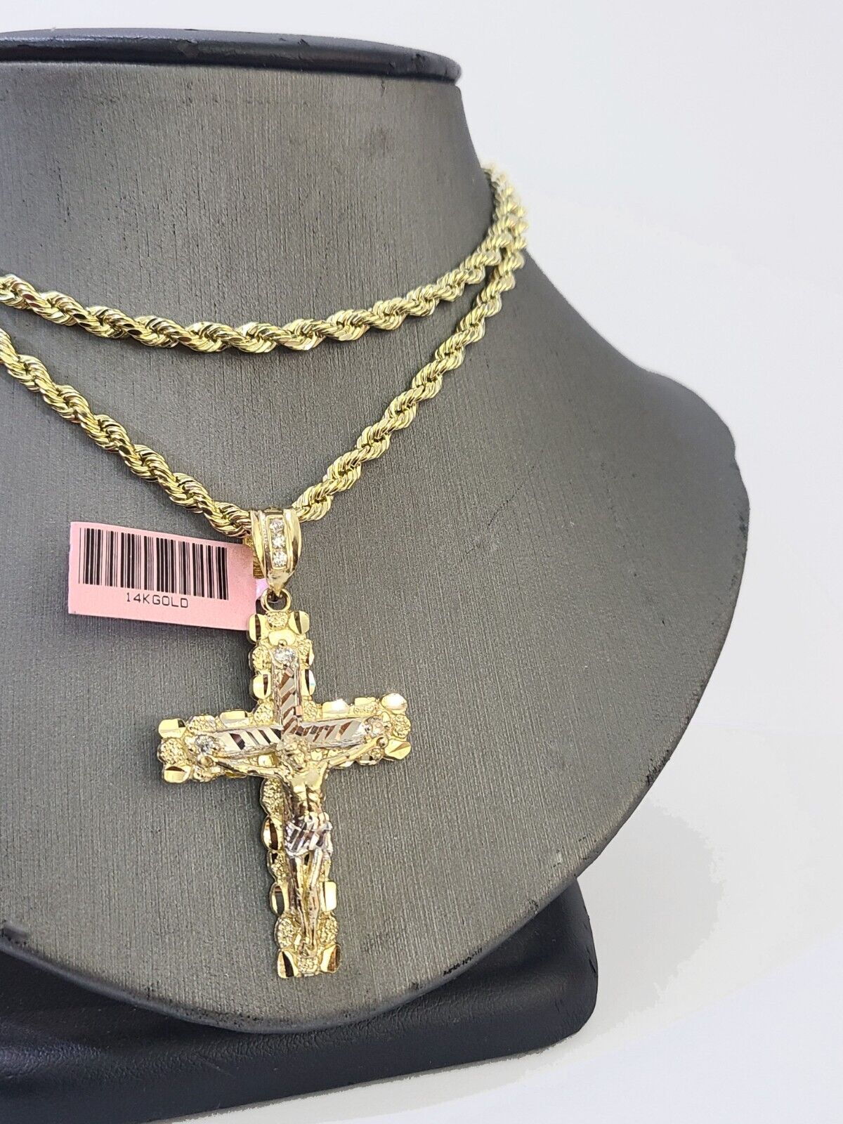 14k Yellow Gold Rope Chain & Jesus Nugget Cross Charm SET 4mm 24 Inches Necklace