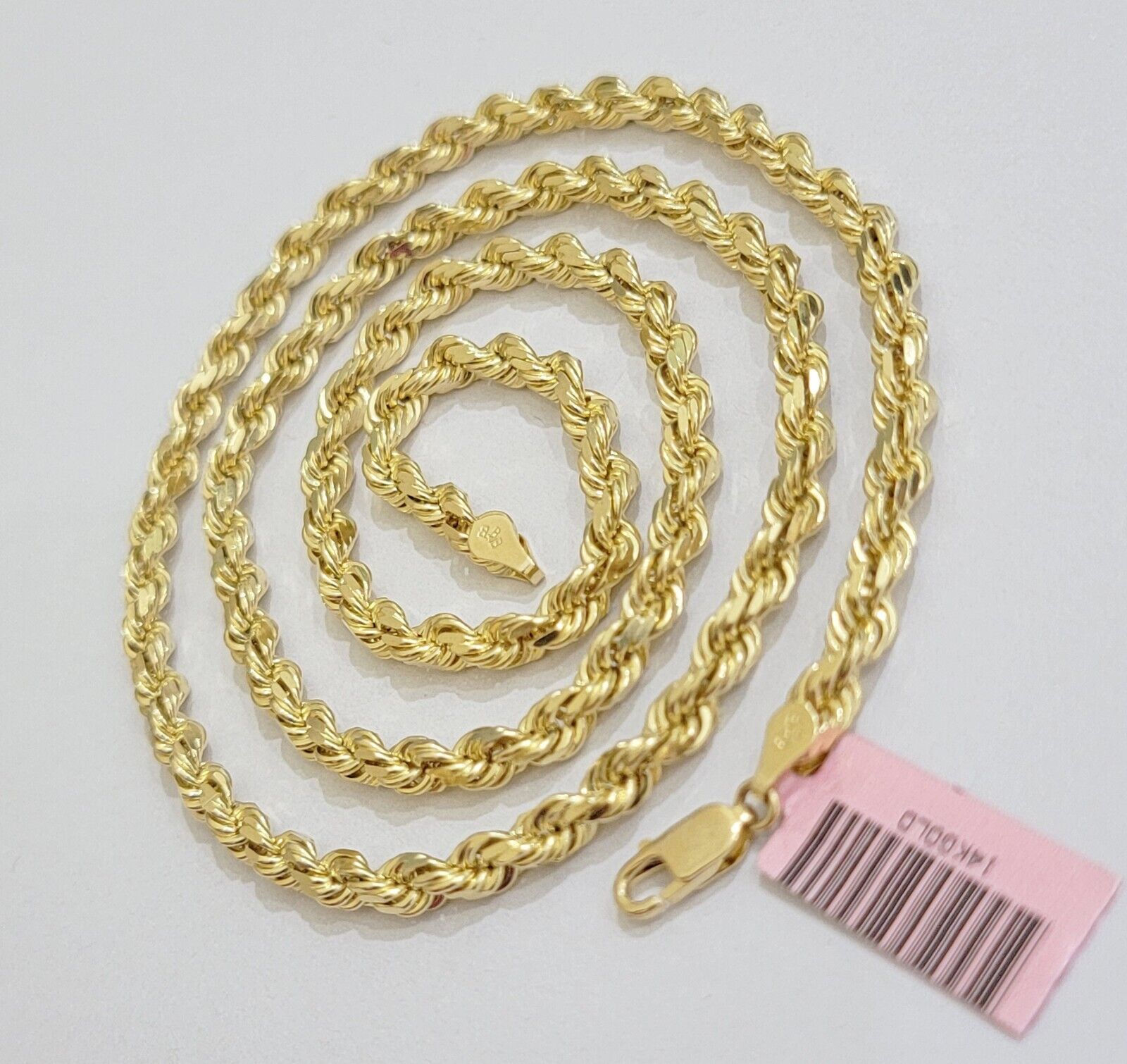 14k Yellow Gold Rope Chain Necklace 20 Inch 4mm Diamond Cut, Real 14kt SOLID - GoldenLinQ