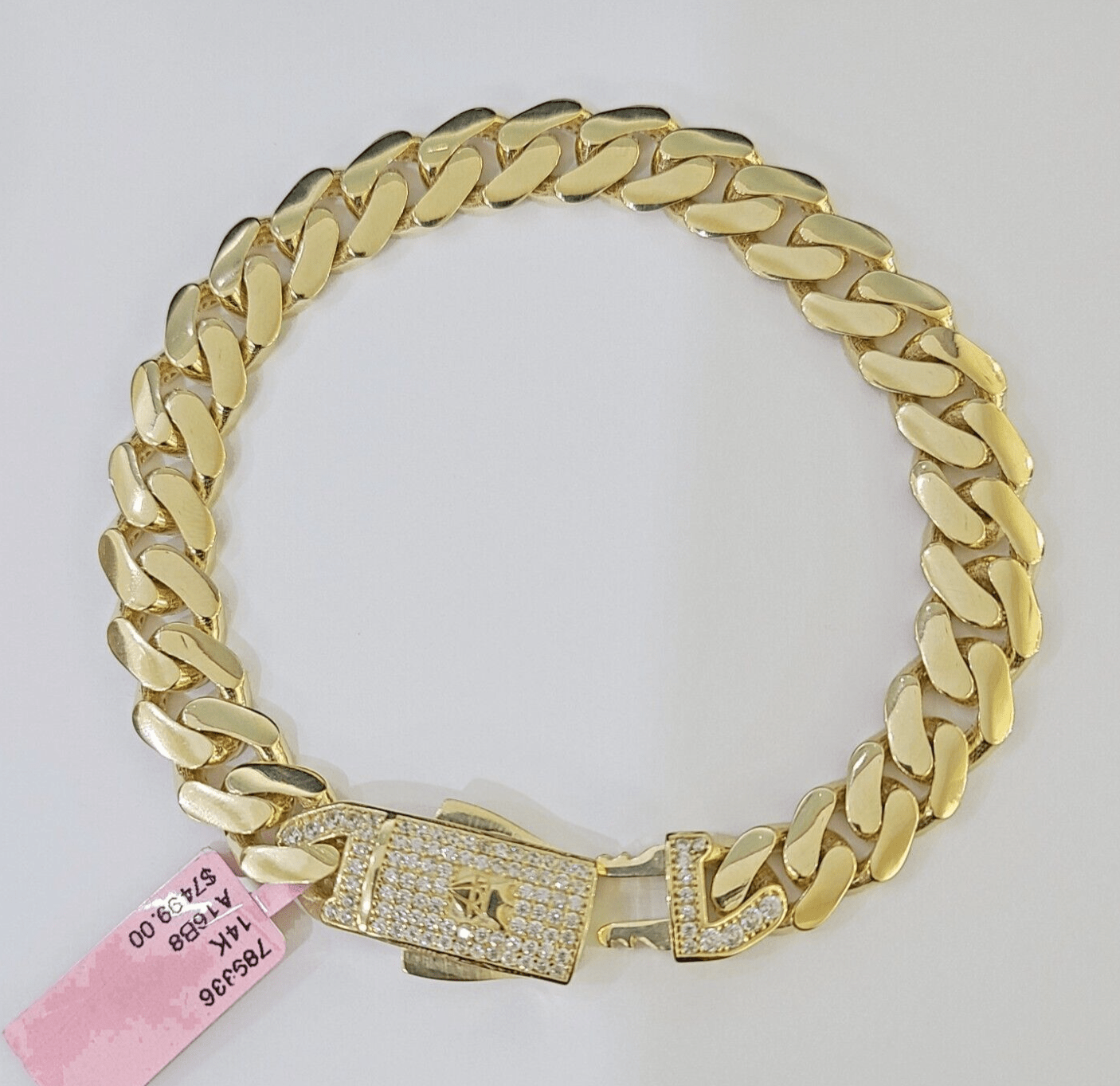 14K Yellow Gold Royal Monaco Cuban Bracelet 10mm 8.5 inches CZ Box Lock - GoldenlinQ