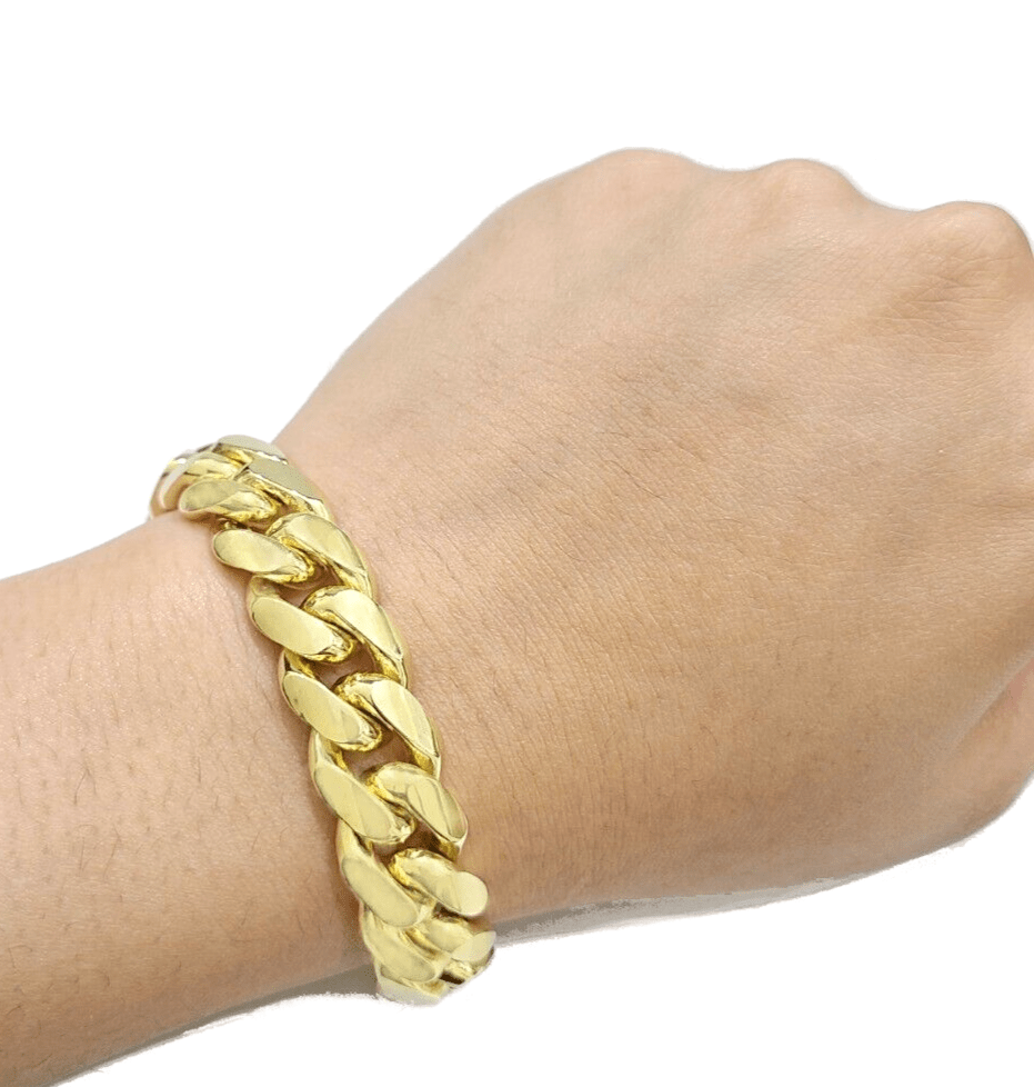 14kt Solid Yellow Gold Miami Cuban Bracelet Real 14k 13mm 9.5 inches Box Lock - GoldenlinQ