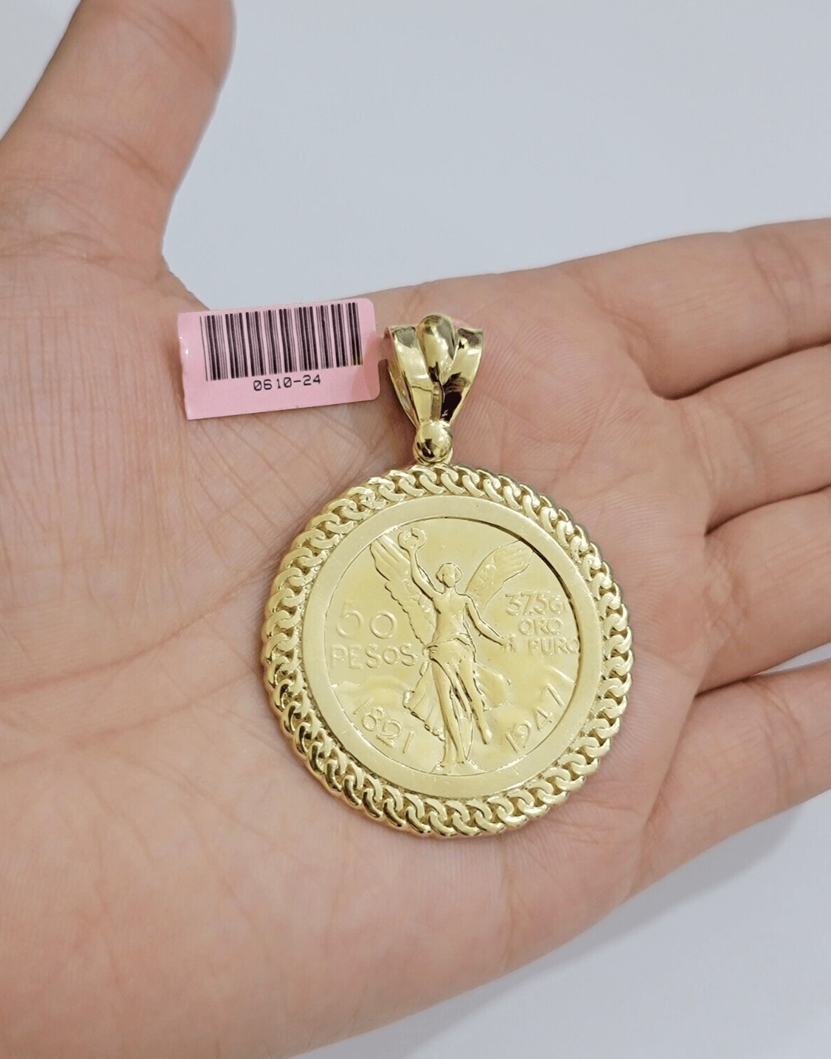 14kt Yellow Gold 1947 Mexican Centenario 50 Gold Pesos Copy Coin With Bezel SALE - Reva Jeweler