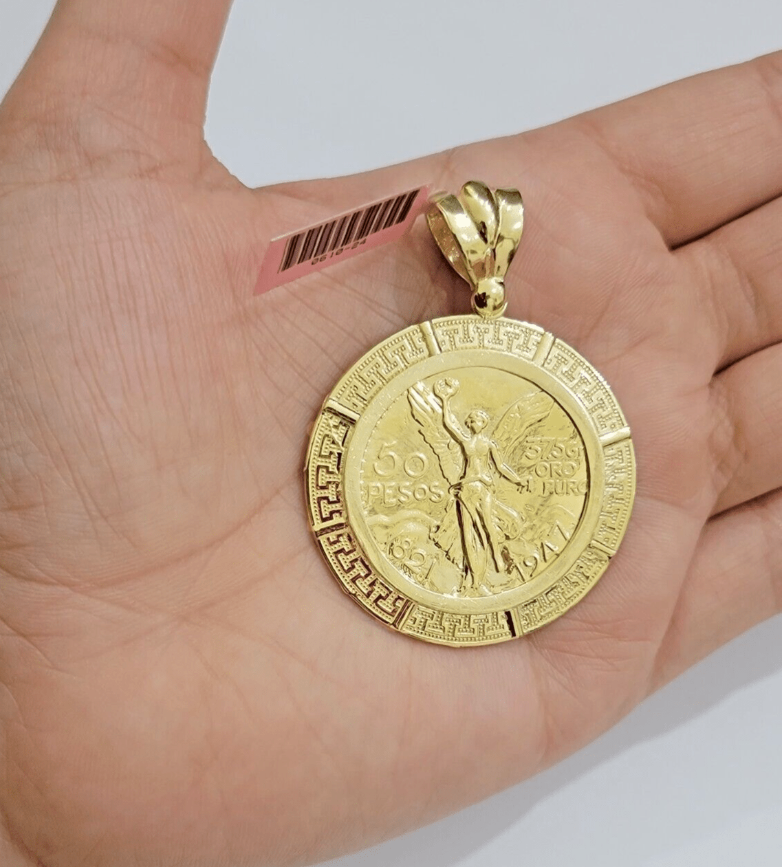 14kt Yellow Gold 1947 Mexican Centenario 50 Gold Pesos Copy Coin With Bezel SALE - Reva Jeweler