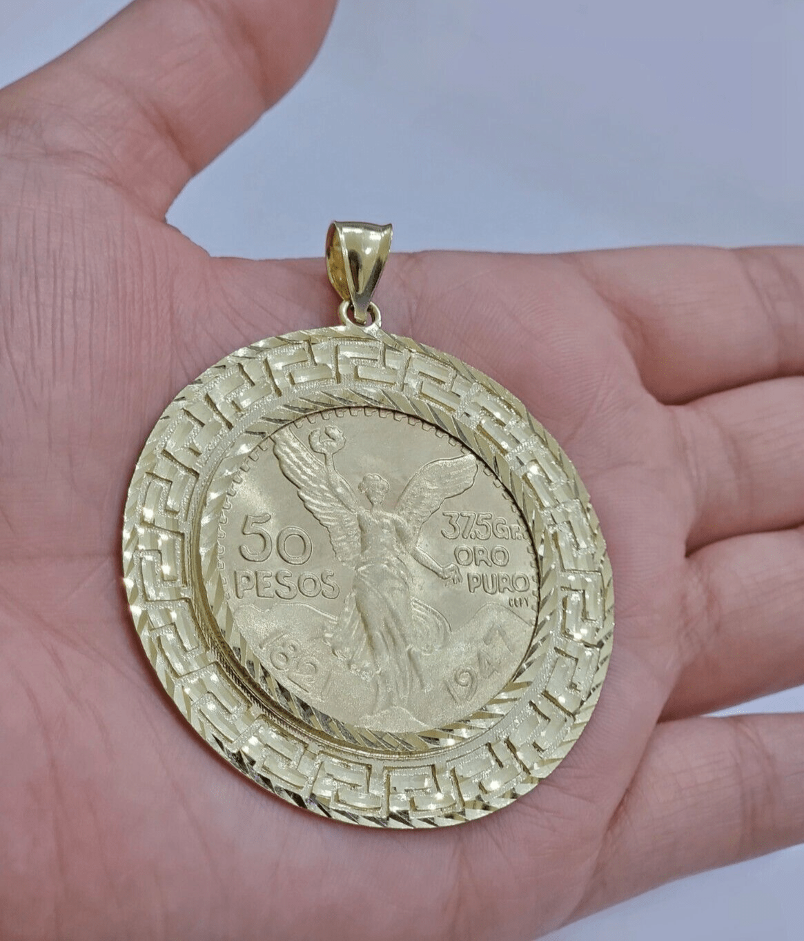 1947 Mexican Centenario 50 Gold Pesos Copy Coin With Bezel Solid 10k Yellow SALE - GoldenLinQ