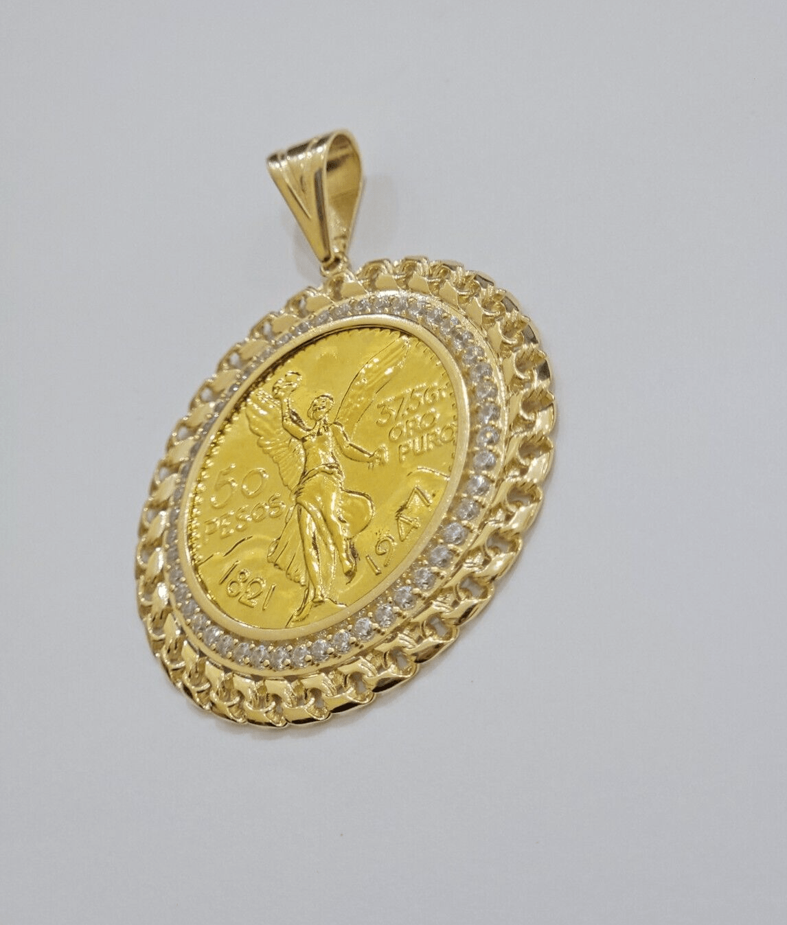 1947 Mexican Centenario Coin Charm Pendant Replica 50 pesos With Bezel 10kt Gold - GoldenLinQ