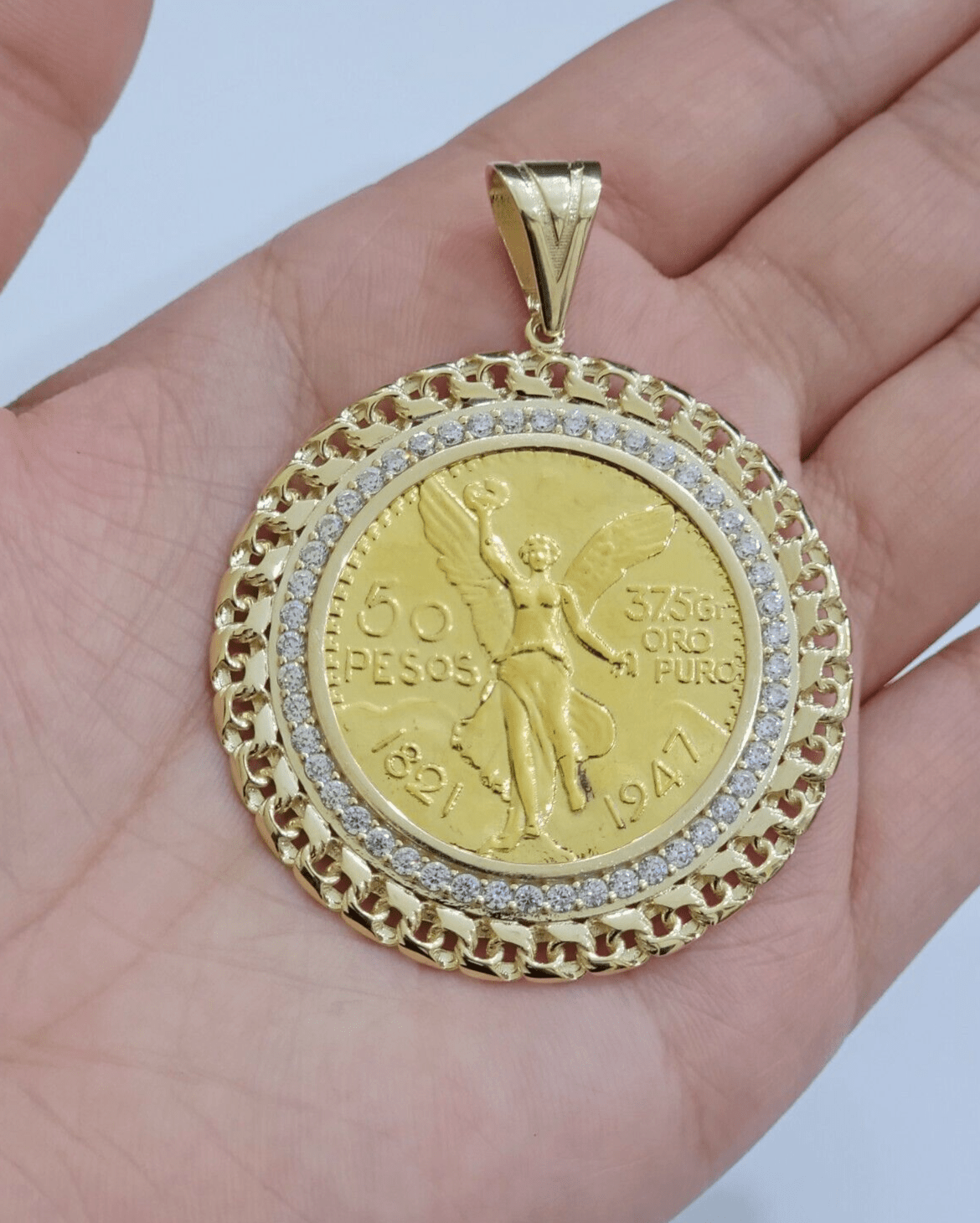 1947 Mexican Centenario Coin Charm Pendant Replica 50 pesos With Bezel 10kt Gold - GoldenLinQ