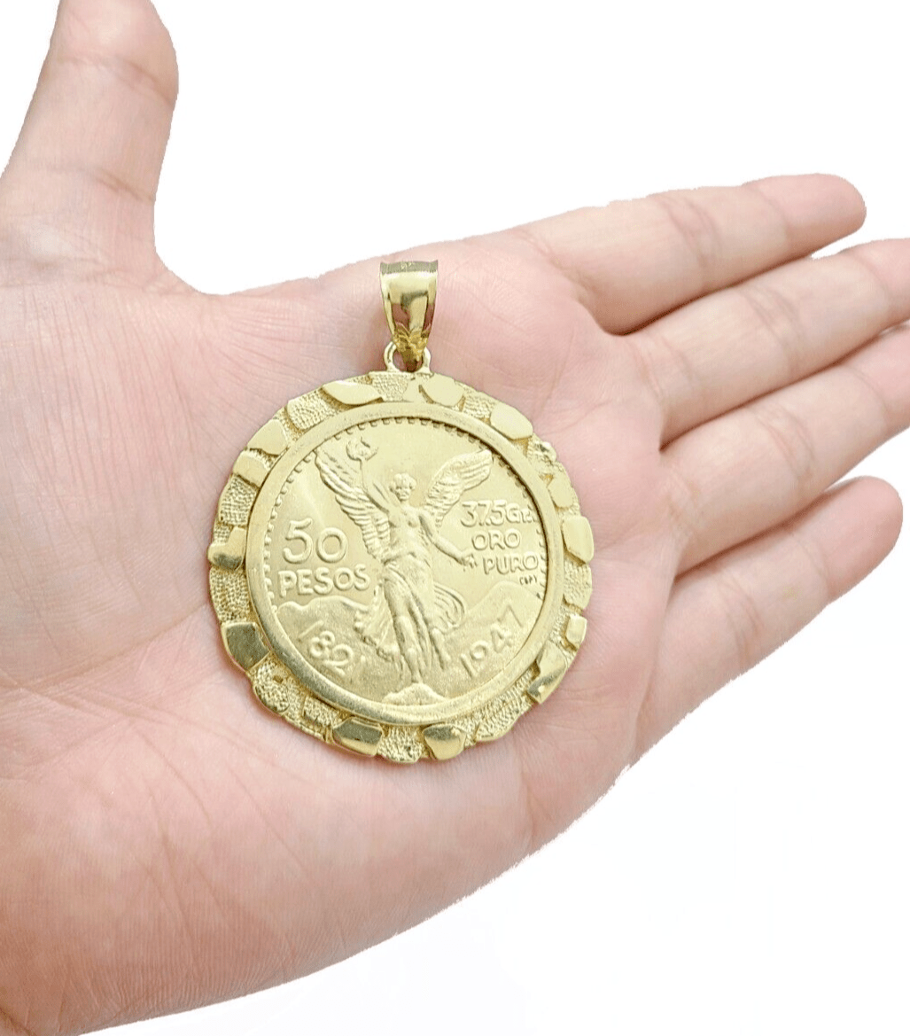 1947 Mexican Centenaro 50 Gold Pesos Copy Coin With Bezel Solid 14k Yellow Gold - GoldenLinQ