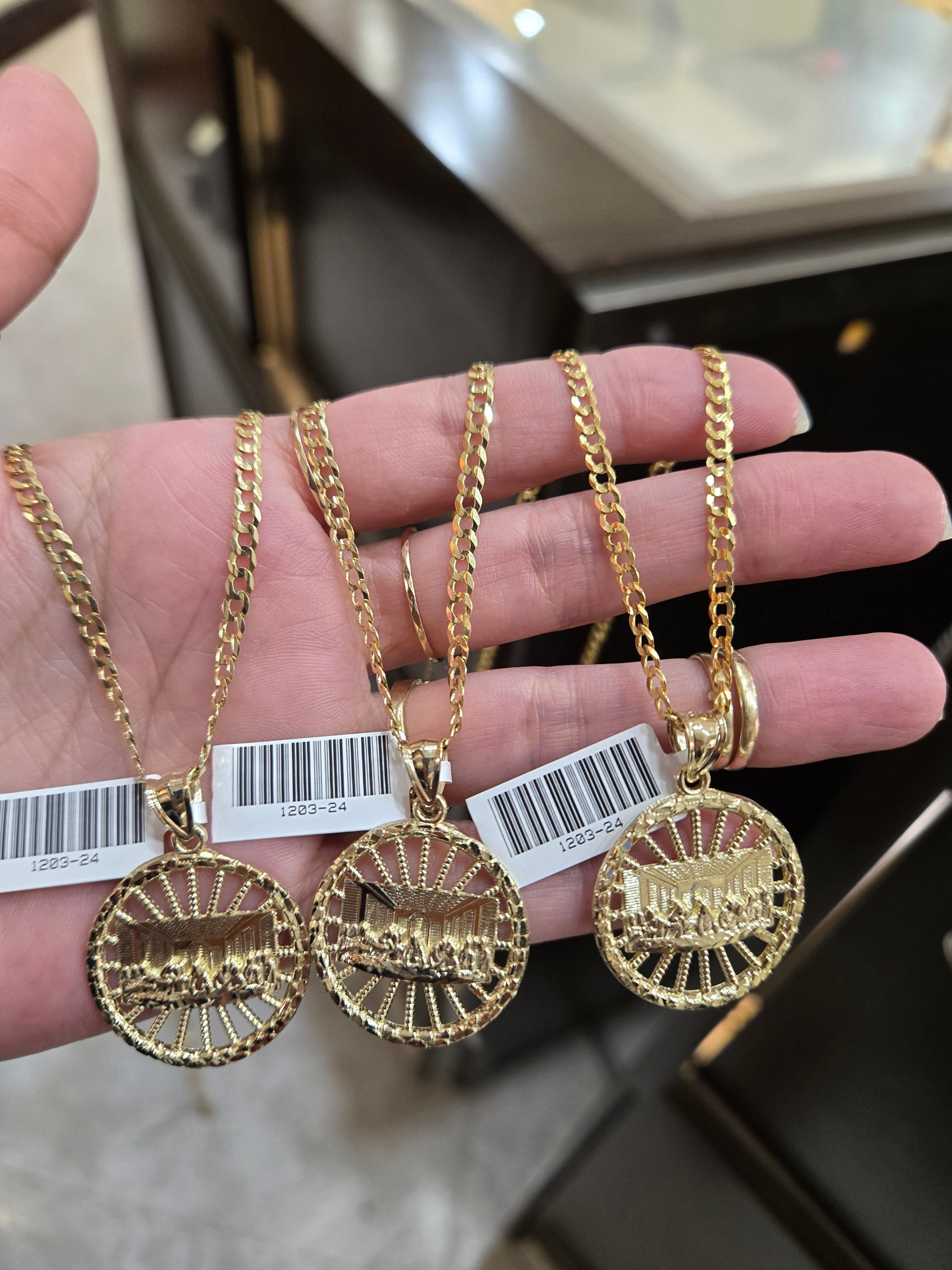 10k Yellow Gold chain Charm Pendant set Solid Curb Link 3mm 24 Inch & Last supper