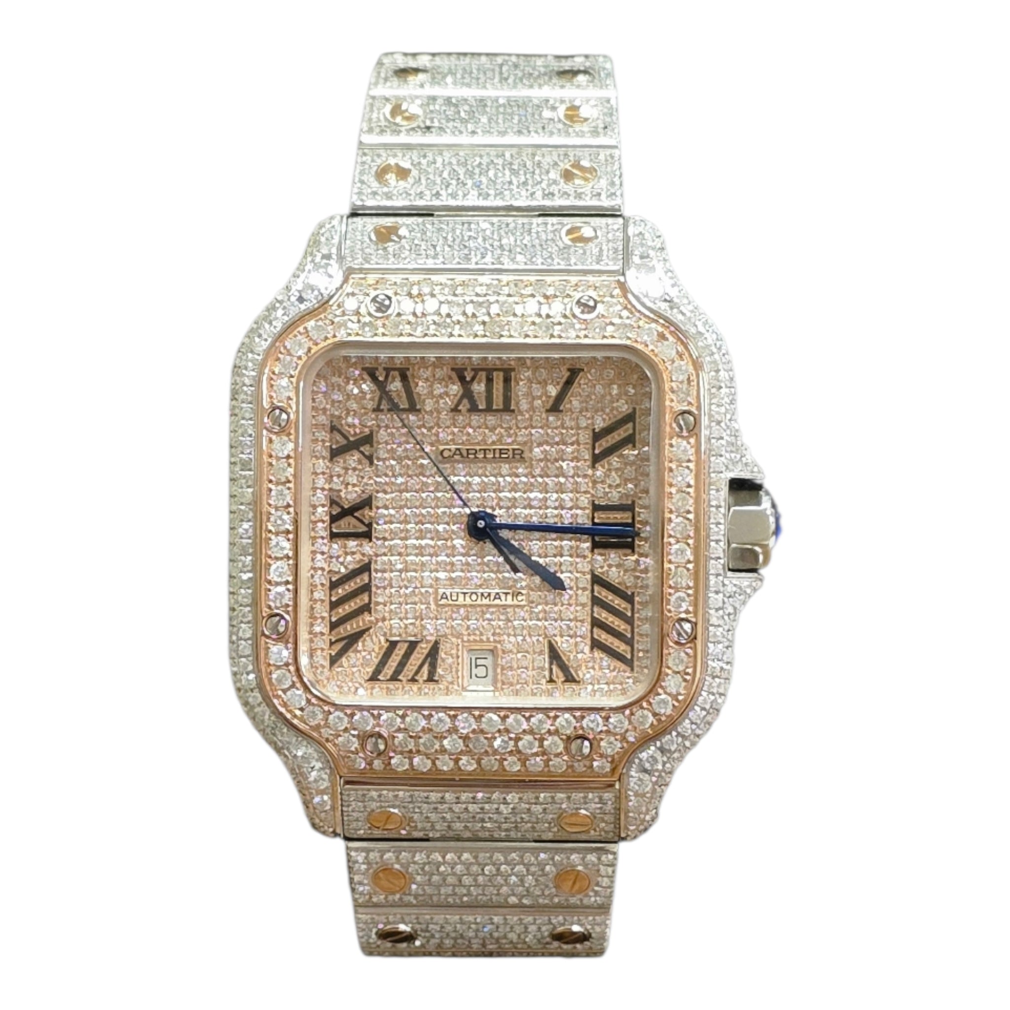 Cartier Santos Men's 40mm S.Steel Watch Roman Iced Out 12ct Diamonds (pre-owned)