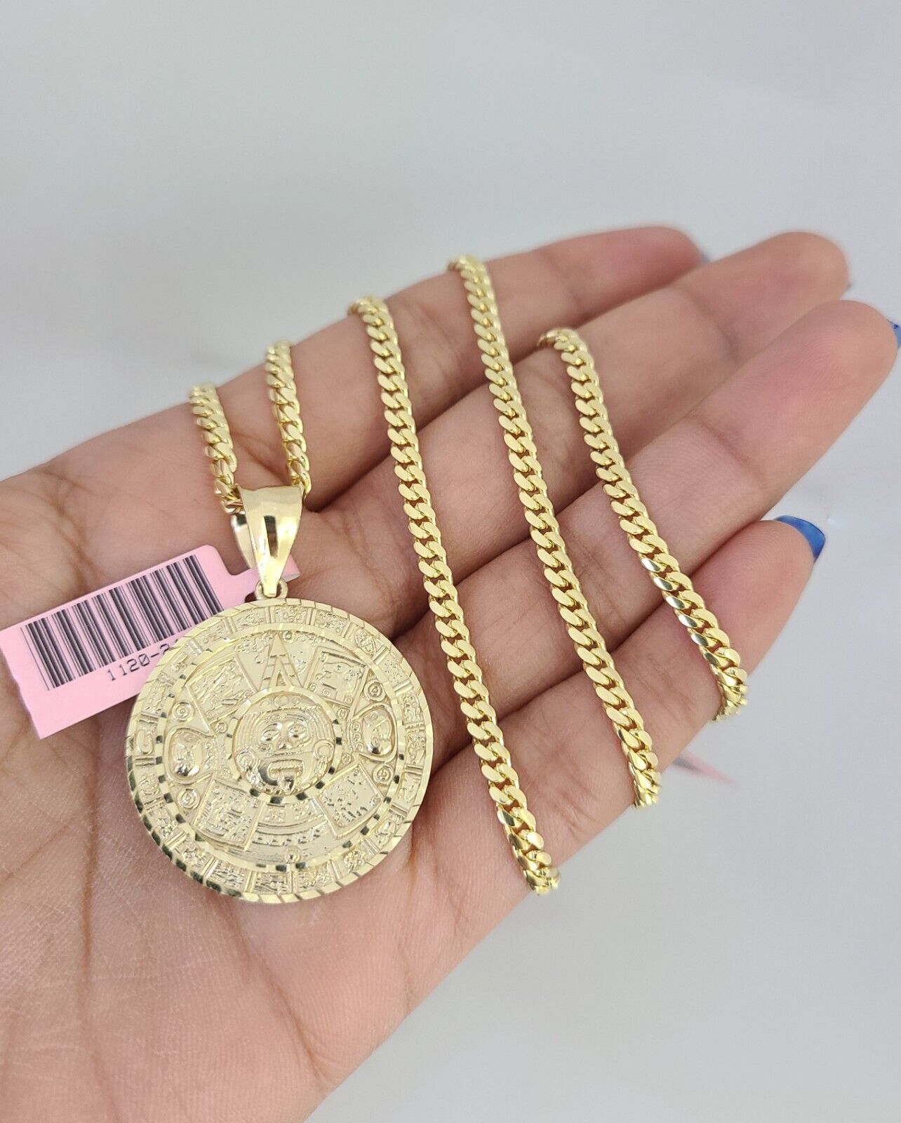 14k Gold Solid Chain Mayan Calendar Pendant Set 14kt Miami Cuban Link 3mm Charm