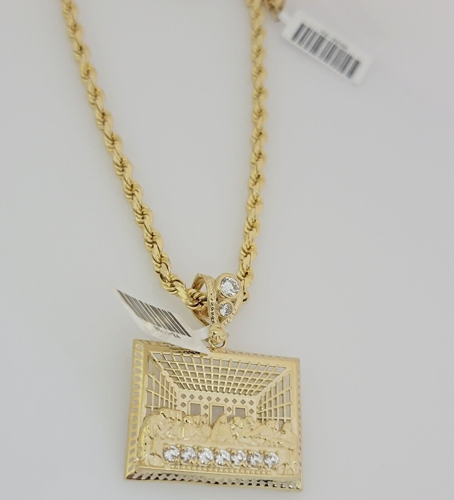 Real 10k Gold Chain Pendant SET Last Supper Charm Solid Rope Necklace 4mm 24Inch