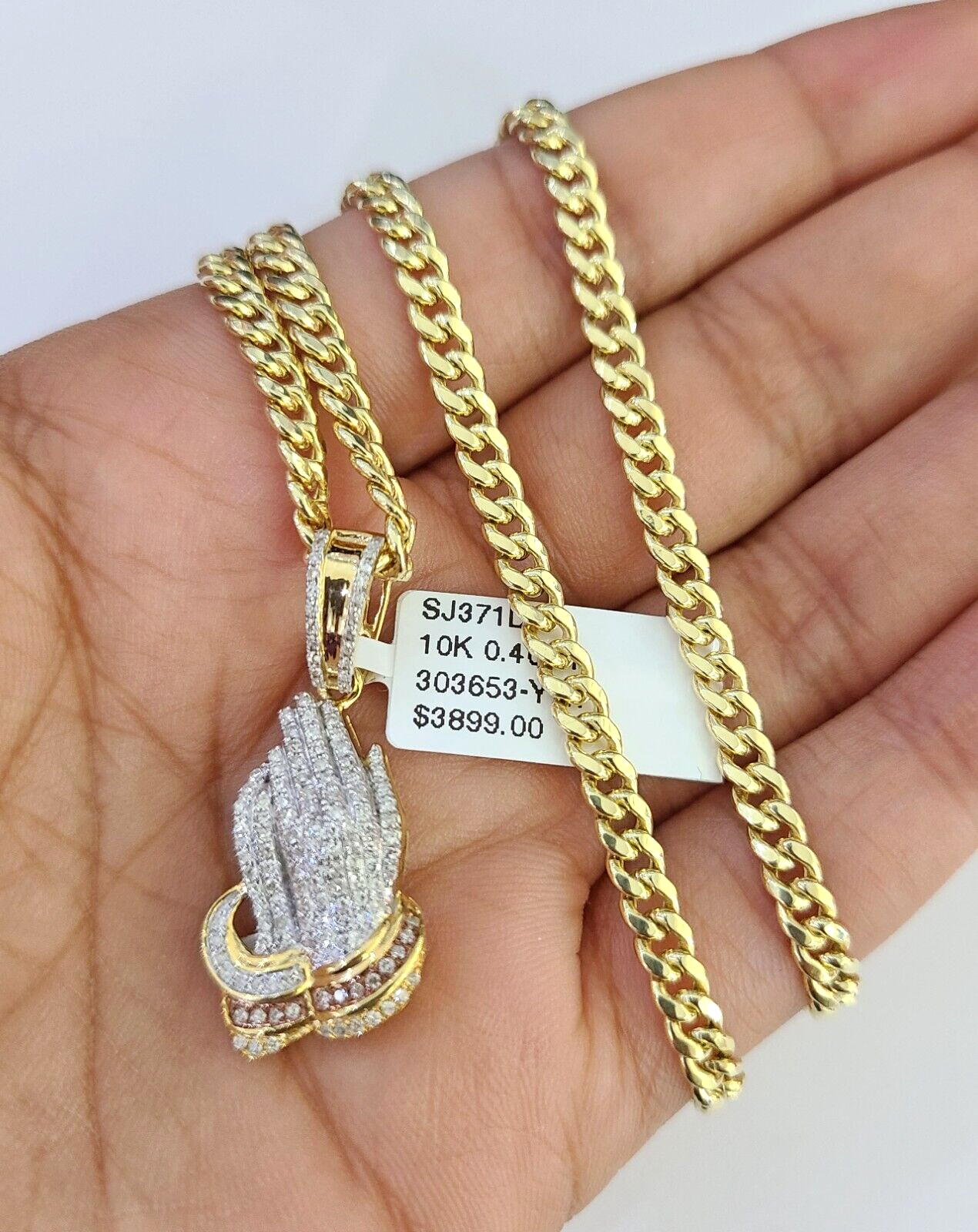 10k Miami Cuban Chain Diamond Praying Hands Charm Set 4mm 18"-28" Necklace Gold