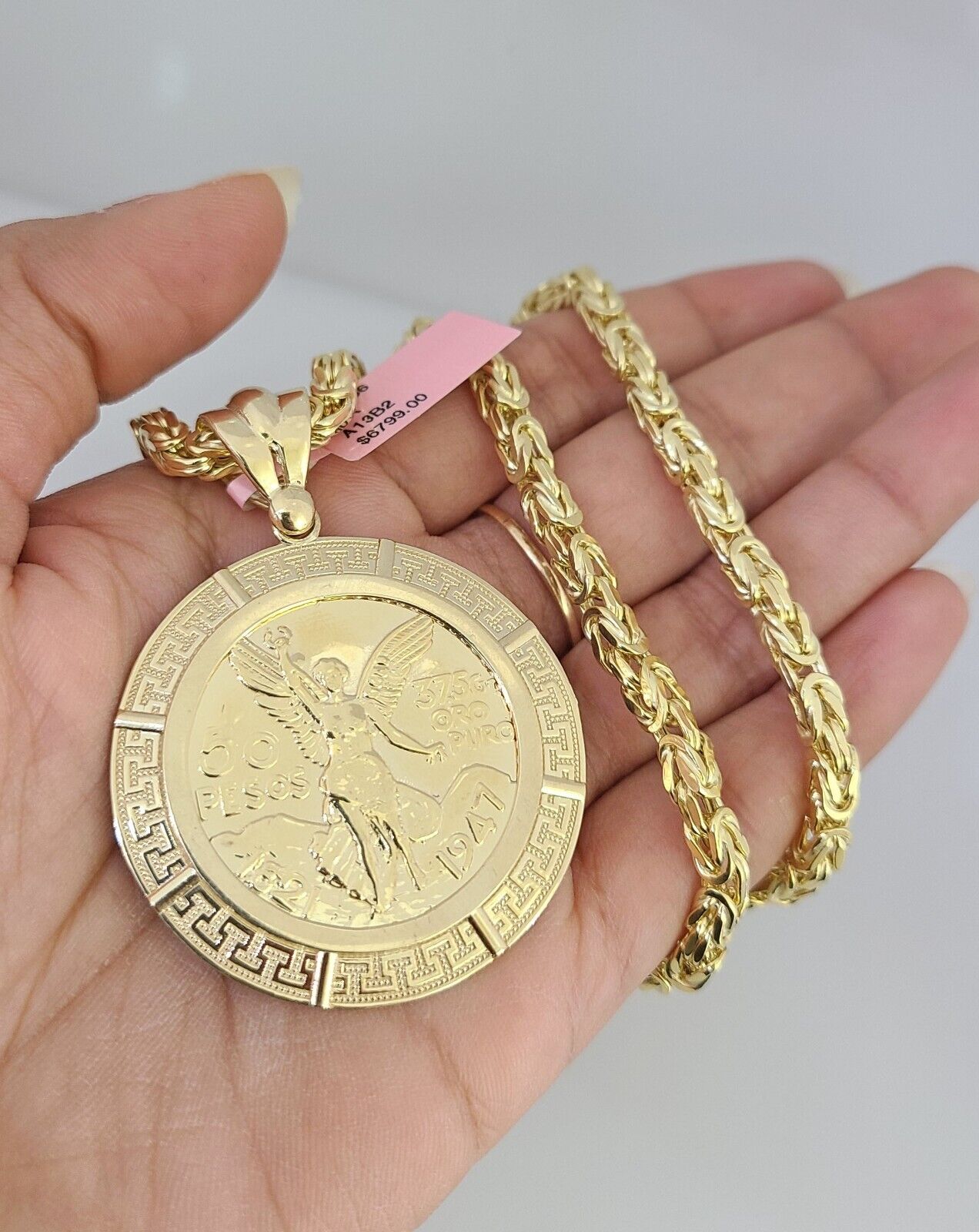 14K Gold Necklace Chain Mexican Coin Charm Turkish Byzantine 4mm 24" Pendant