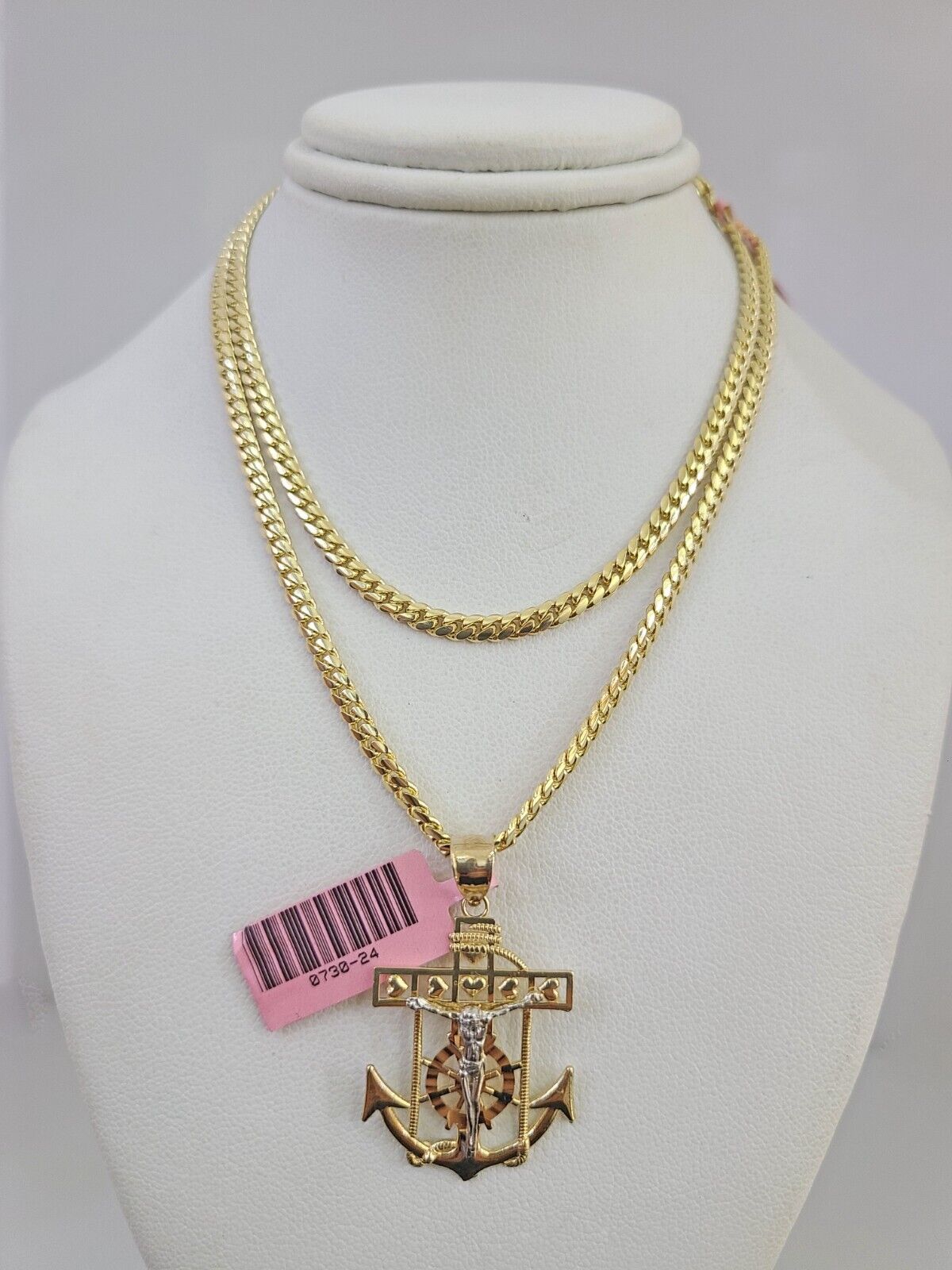 14k Gold Solid Chain Jesus Anchor Pendant Set 14kt Miami Cuban Link 3mm Charm