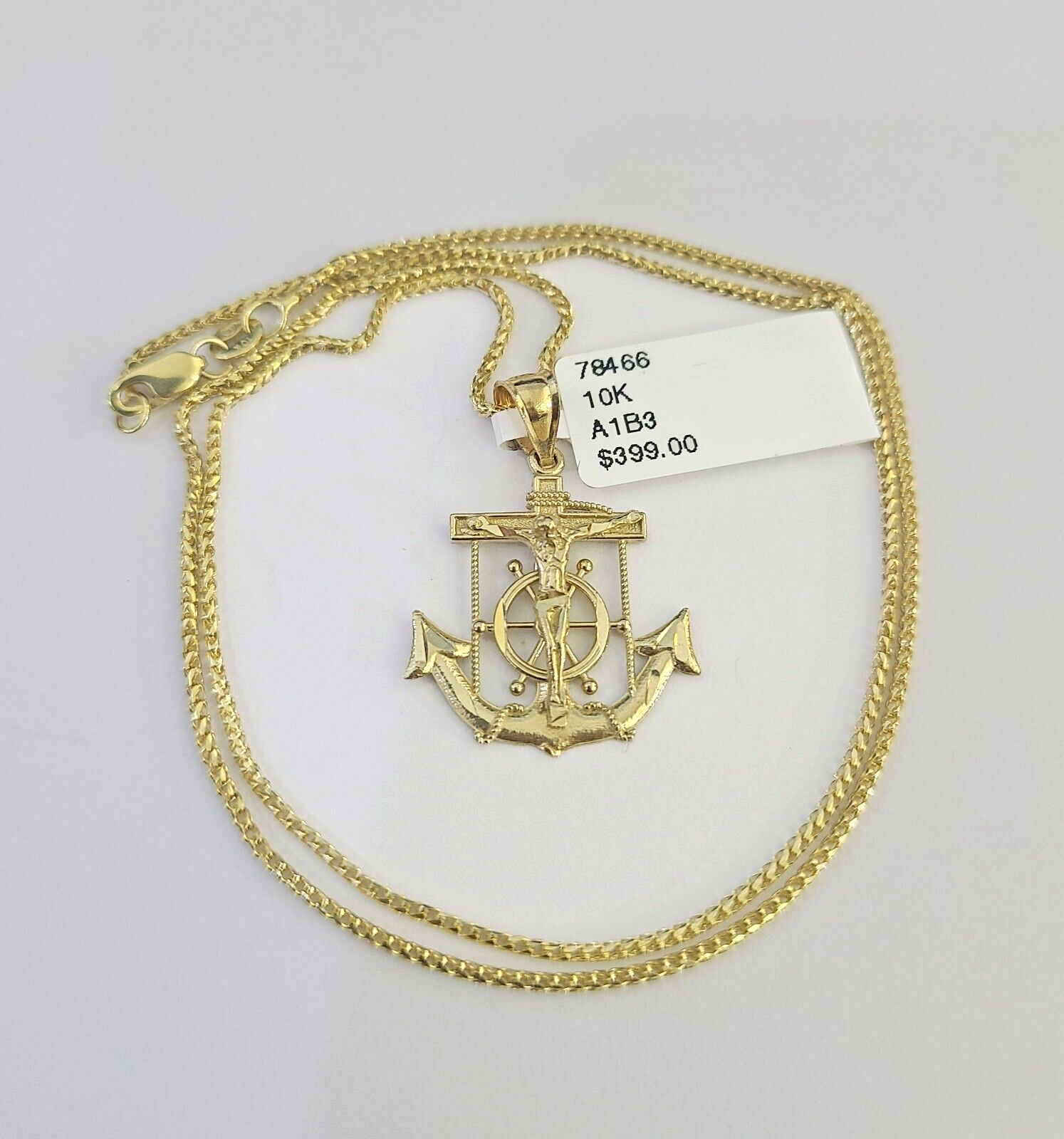 10K Solid Franco Chain Jesus Anchor Pendant Charm Necklace 16"-22" 1mm Gold