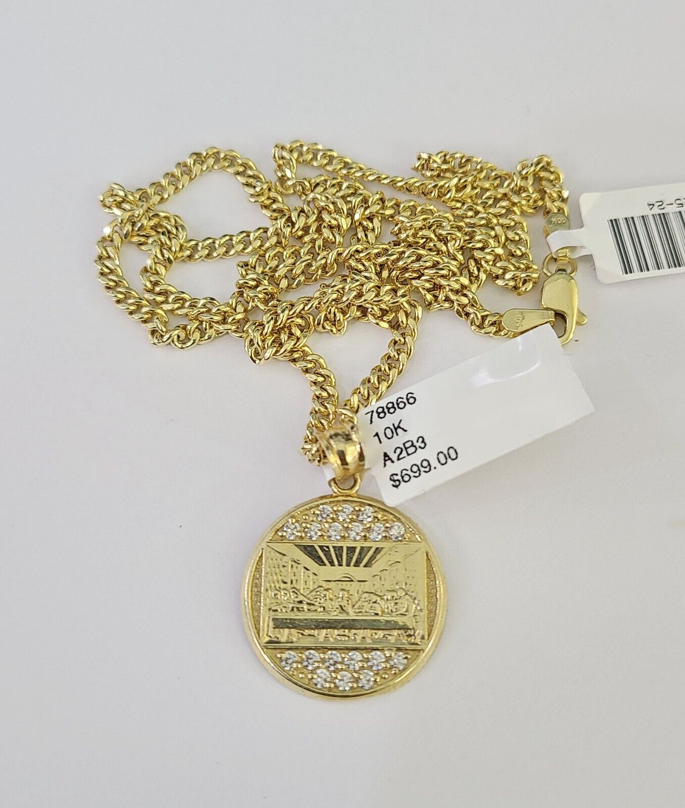 10K Gold Miami Cuban Chain Last Supper Charm 18"-28" 3mm Pendant Necklace SET