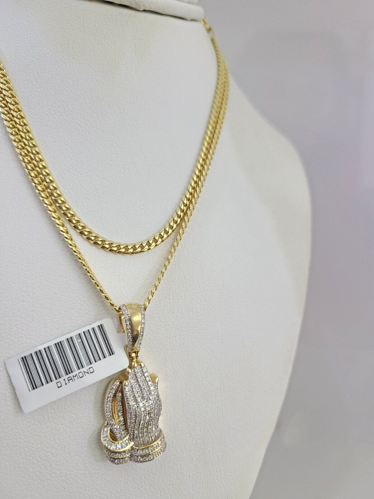 10K Solid Gold Miami Cuban Chain SET Diamond Praying Hands Charm 18"-26" 2.5mm