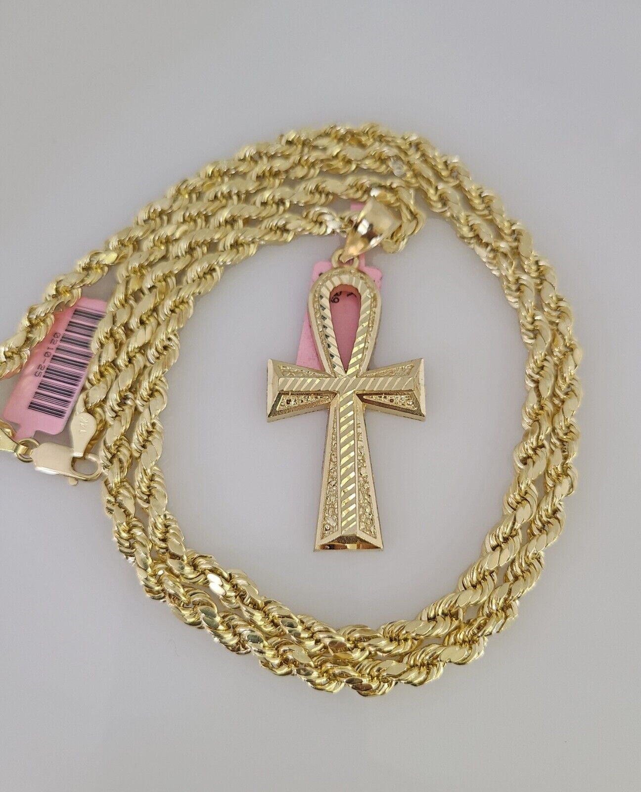 14k Gold Rope Chain Necklace Set 6mm Ankh Cross Charm Pendant 18"-28" inch